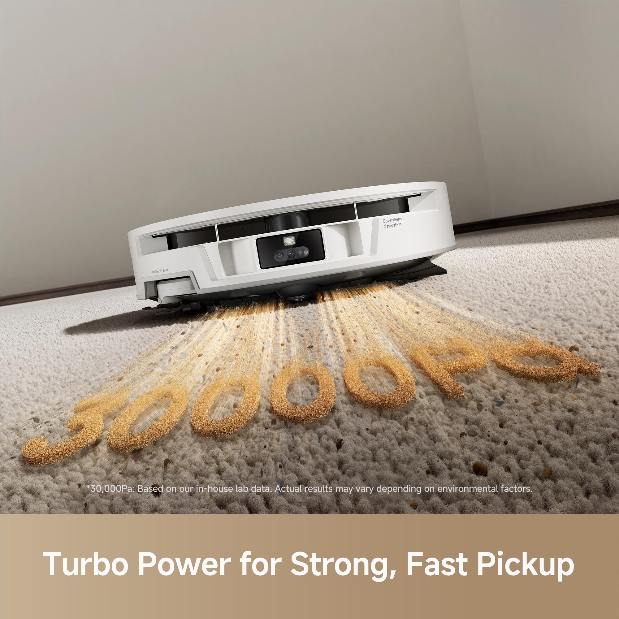 White wet and dry robot vacuum cleaning a carpet with projected debris removal