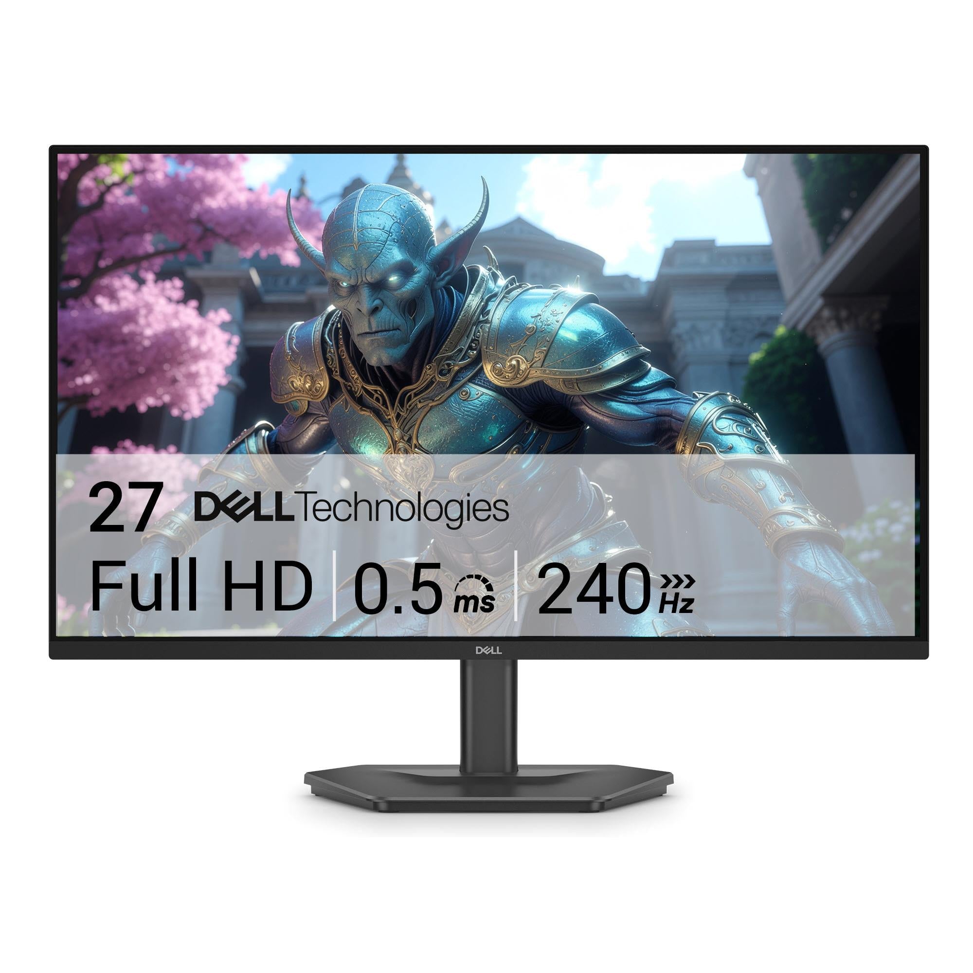 27-inch Dell gaming monitor with pedestal stand, front view showing a game scene