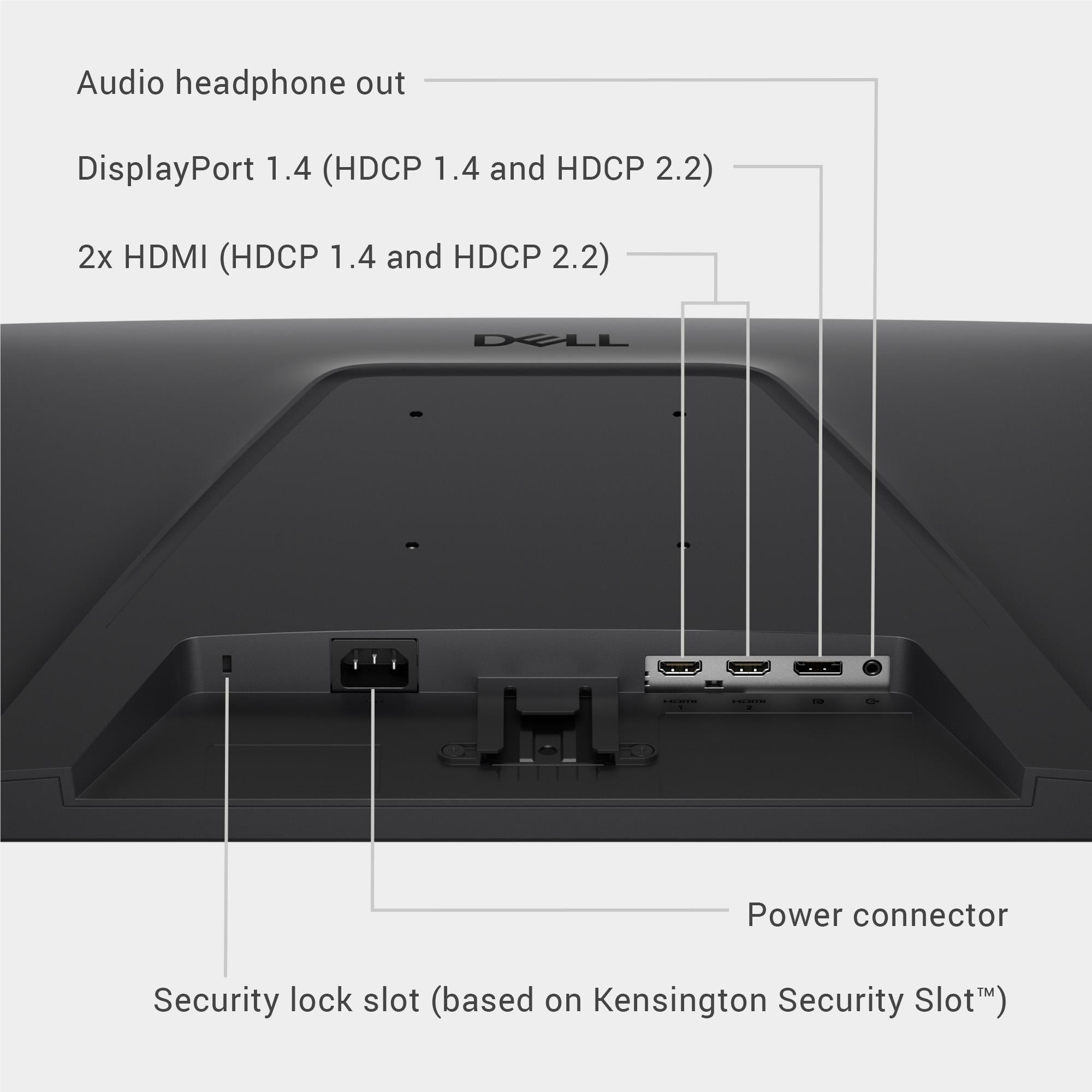 Dell 27-inch gaming monitor ports on back panel with power and security lock slot