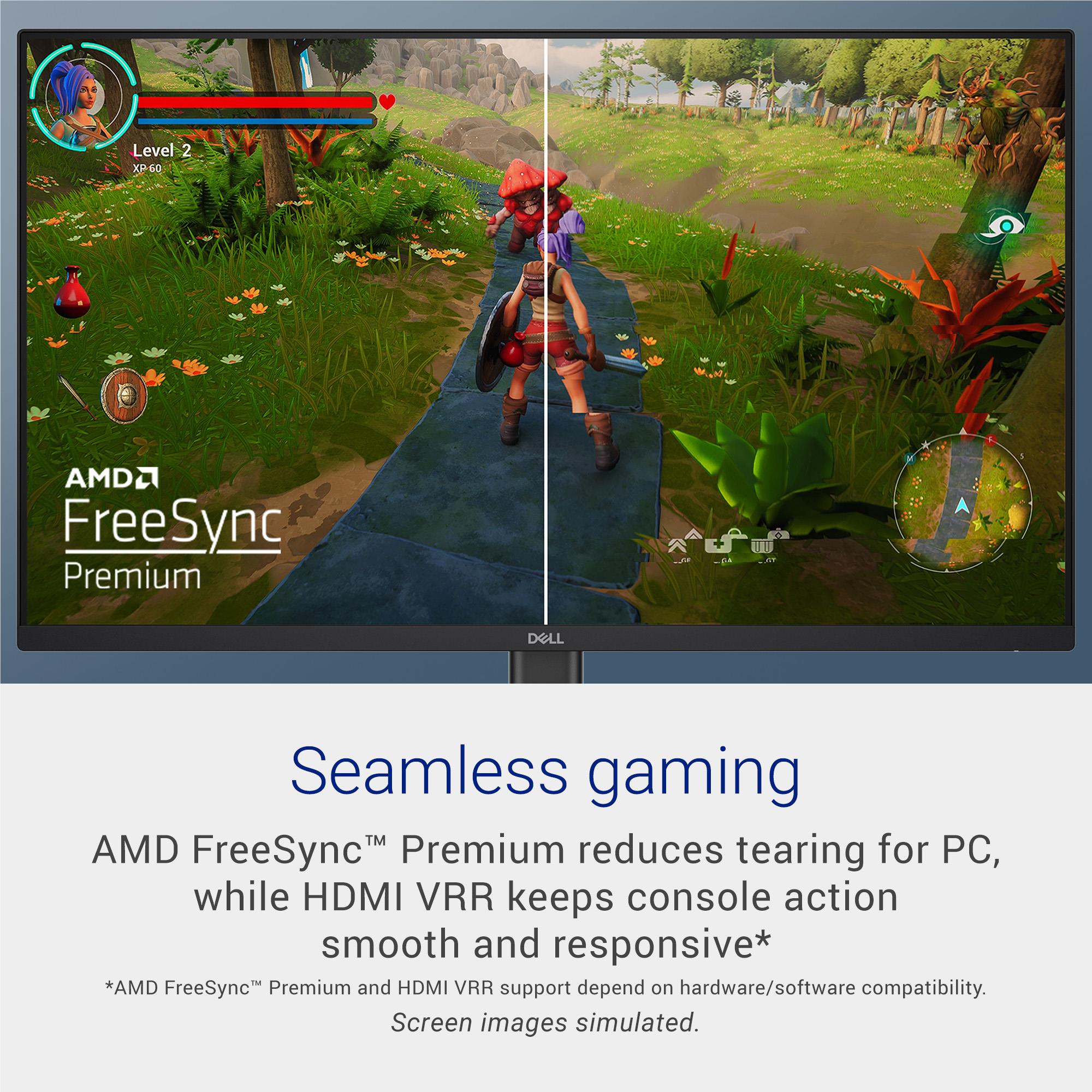 Dell 27-inch gaming monitor displaying colorful gameplay on a flat-screen panel