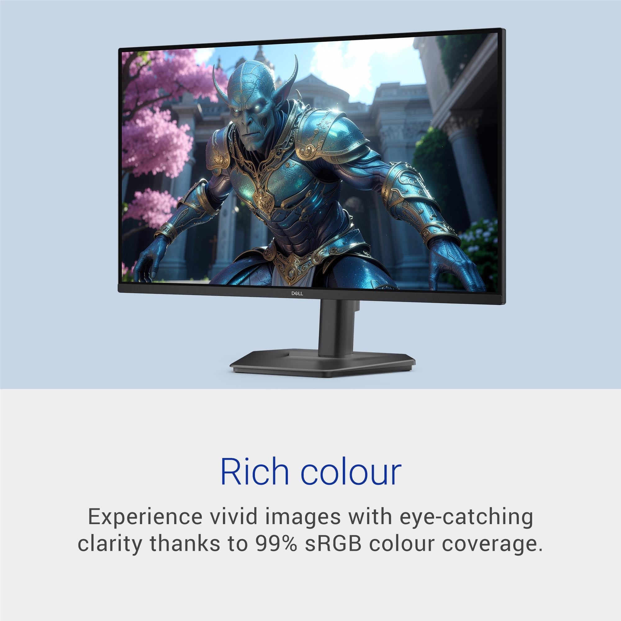 Dell 27-inch gaming monitor with pedestal stand, screen showing a game character