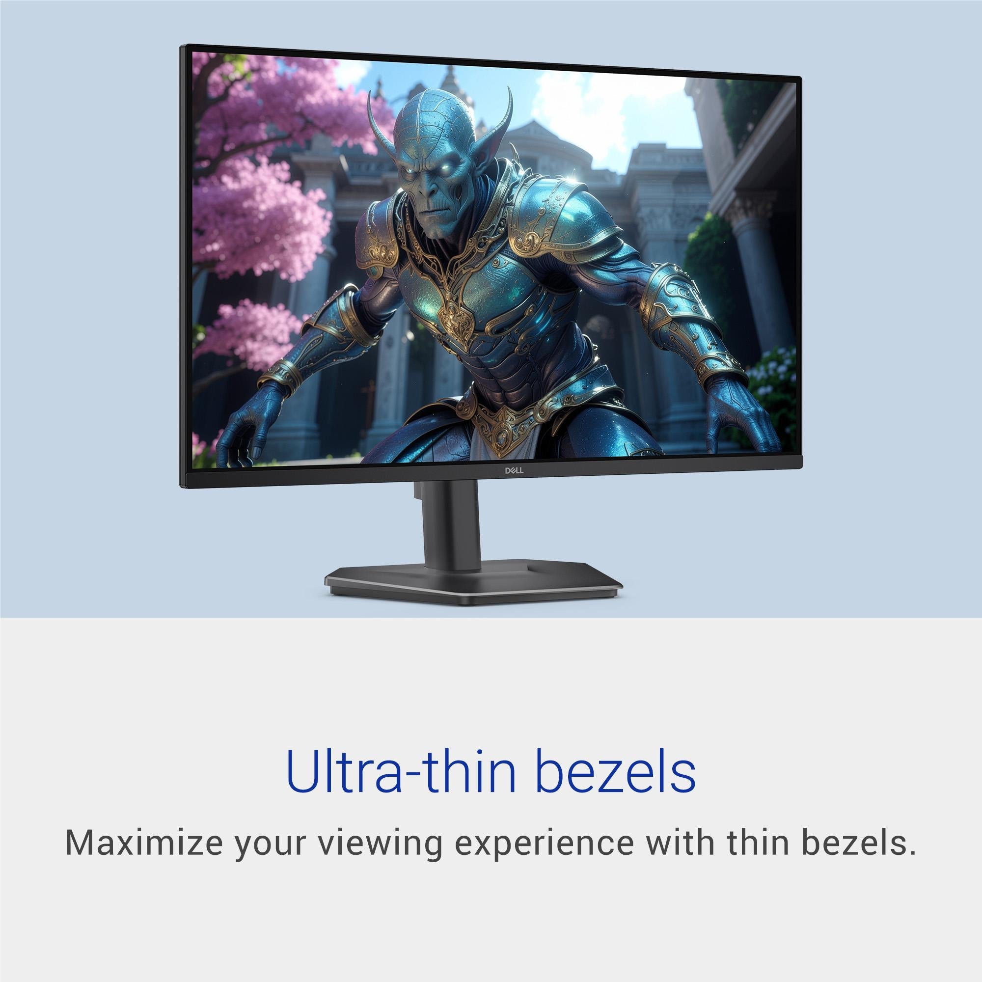 Dell 27-inch gaming monitor front view with thin bezels and pedestal stand