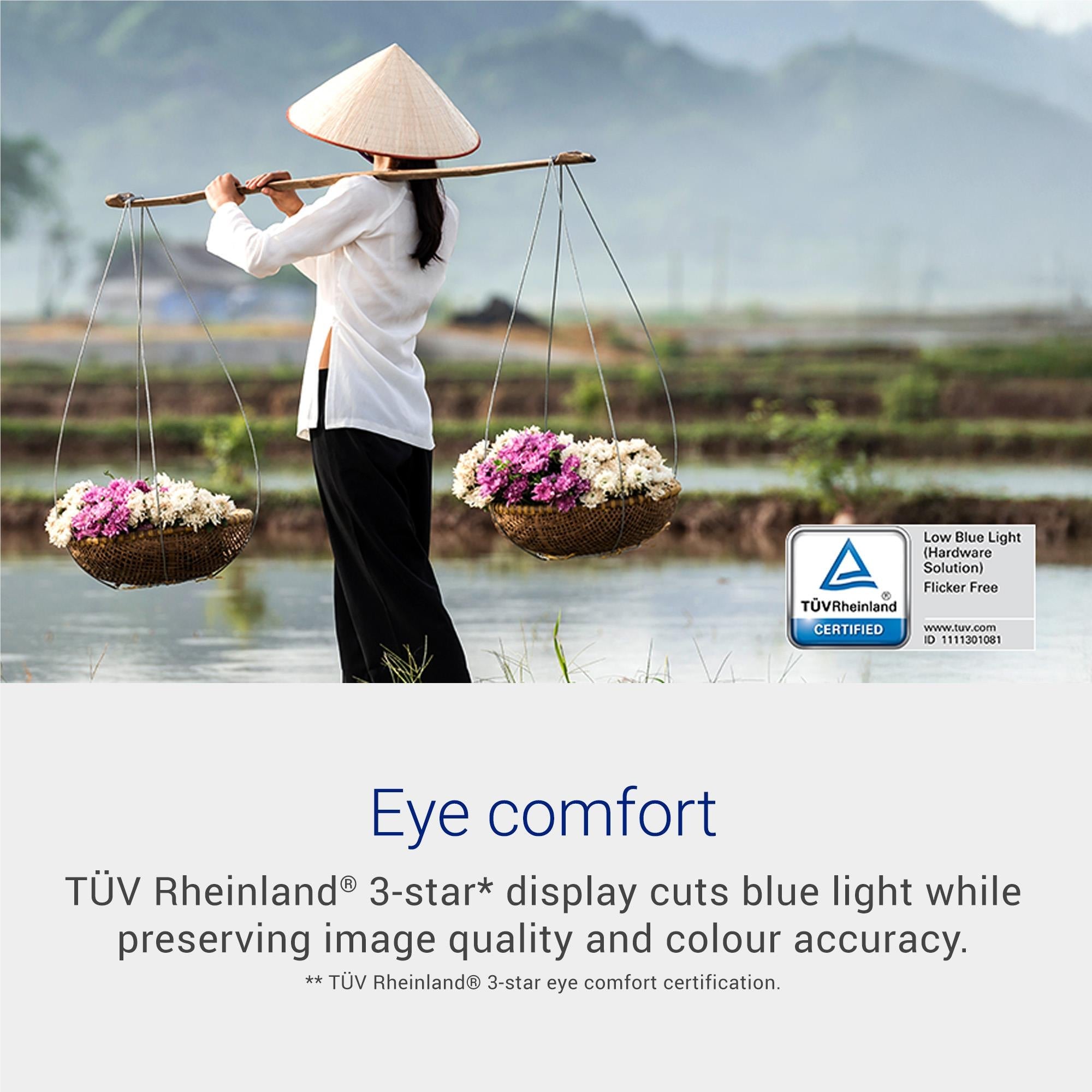 Outdoor portrait with eye comfort and low blue light certification icons for a monitor