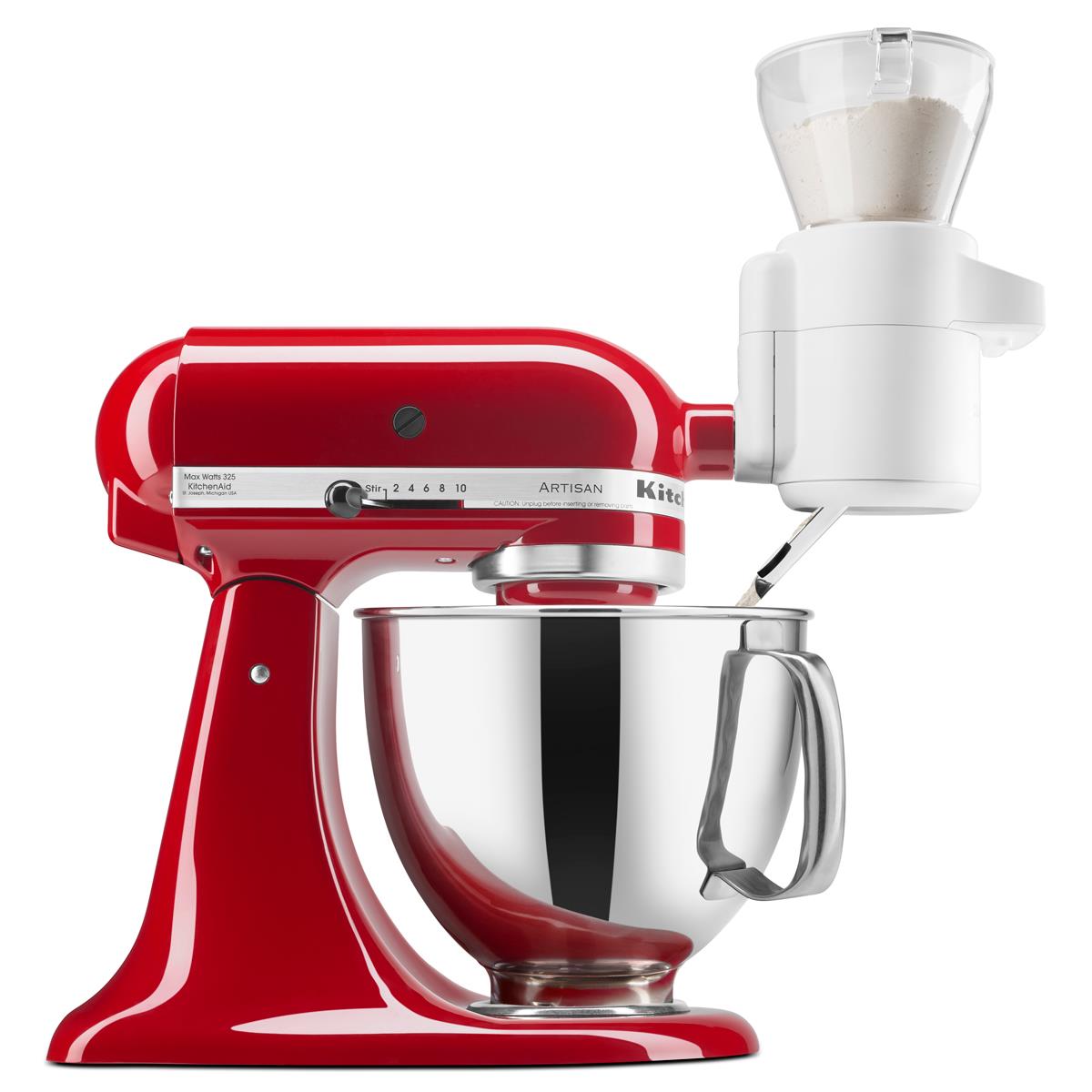 KitchenAid digital sifter and scale attachment with clear hopper on mixer