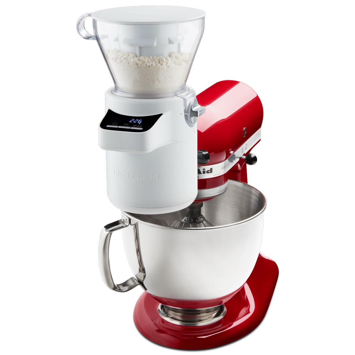 KitchenAid digital sifter and scale attachment with white hopper and black display