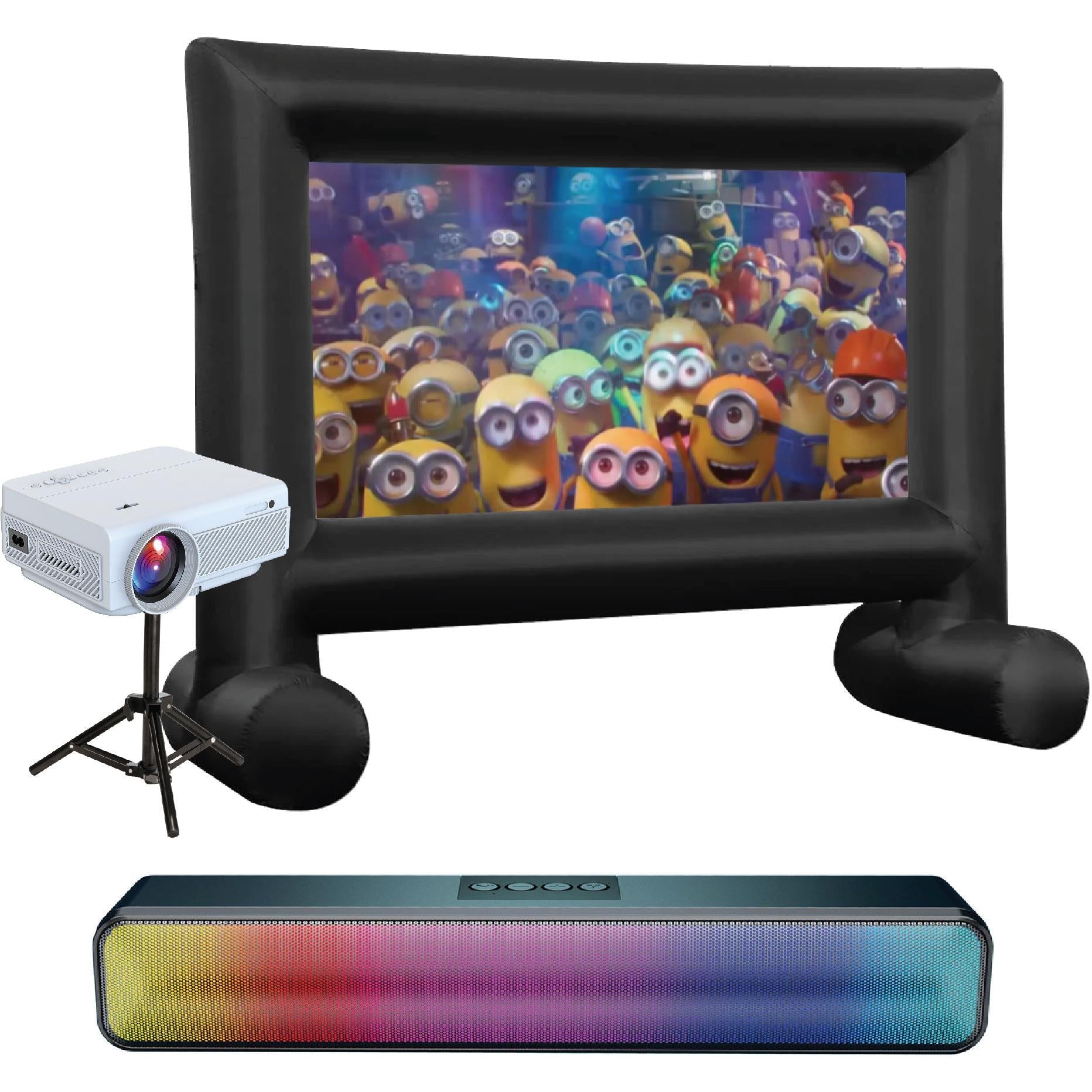 Laser projector bundle with inflatable black screen, small speaker, and remote control