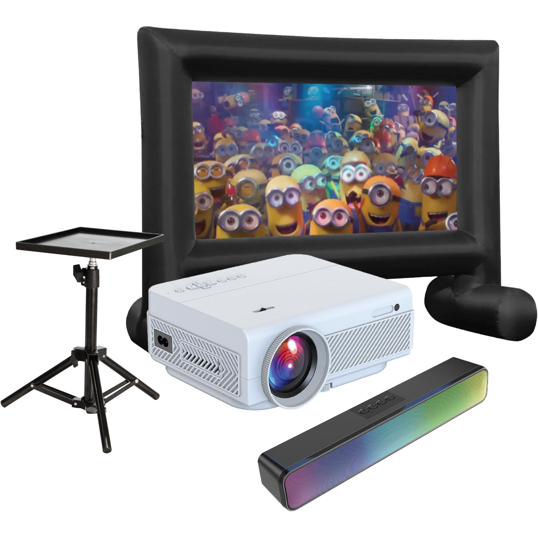 Laser projector bundle with inflatable black screen, white projector, stand tripod, and speaker
