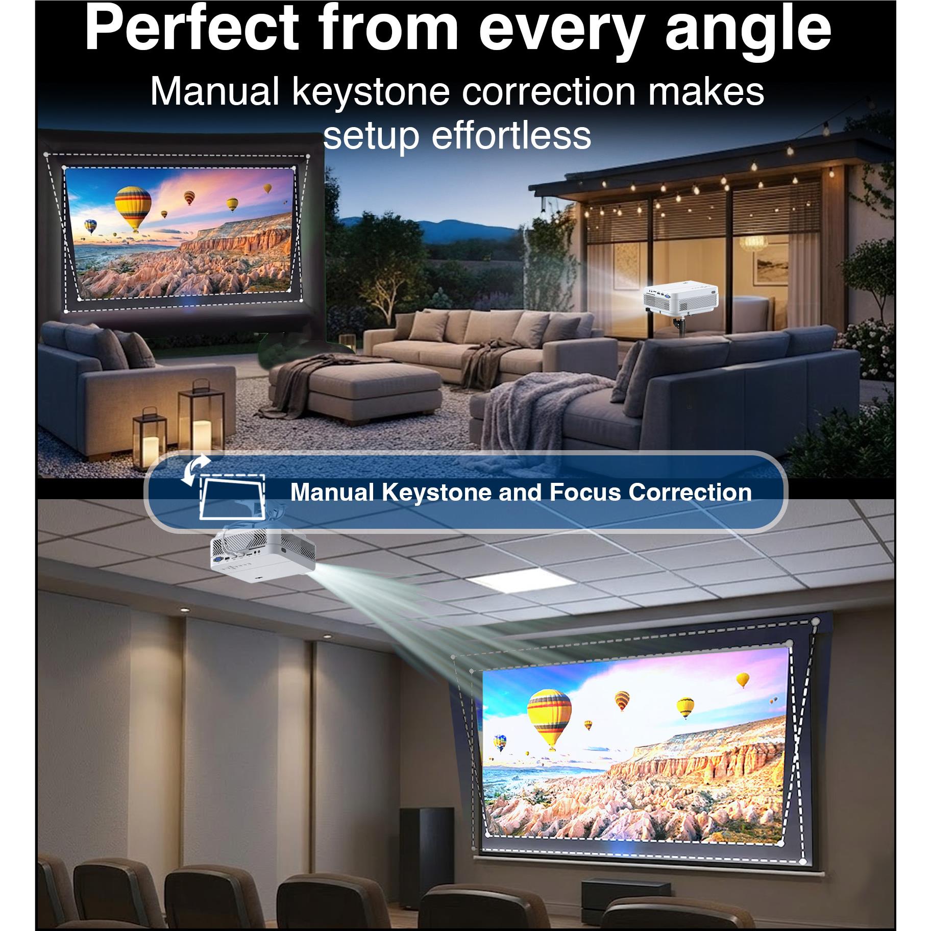 Outdoor laser projector setup with large screen shown for home and backyard