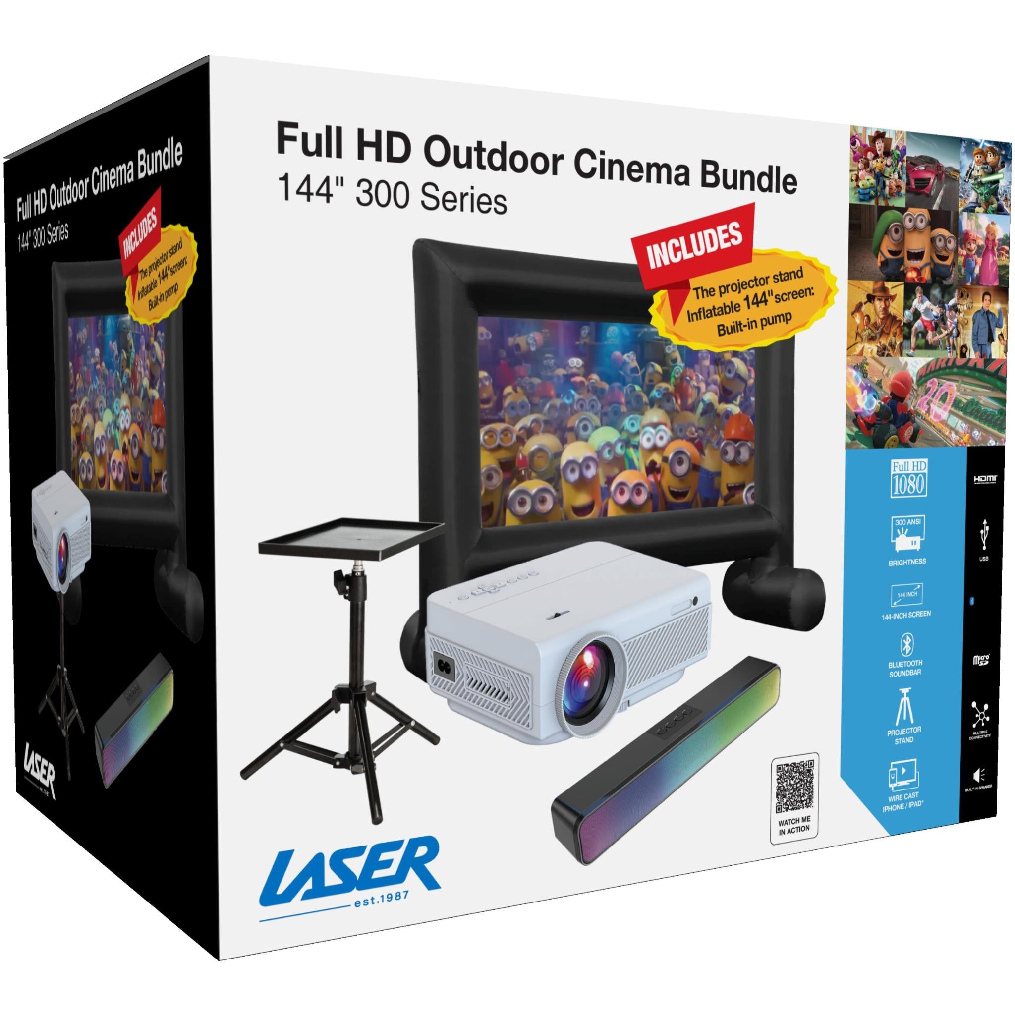 Full HD outdoor cinema bundle box with projector, screen, tripod stand, and cables