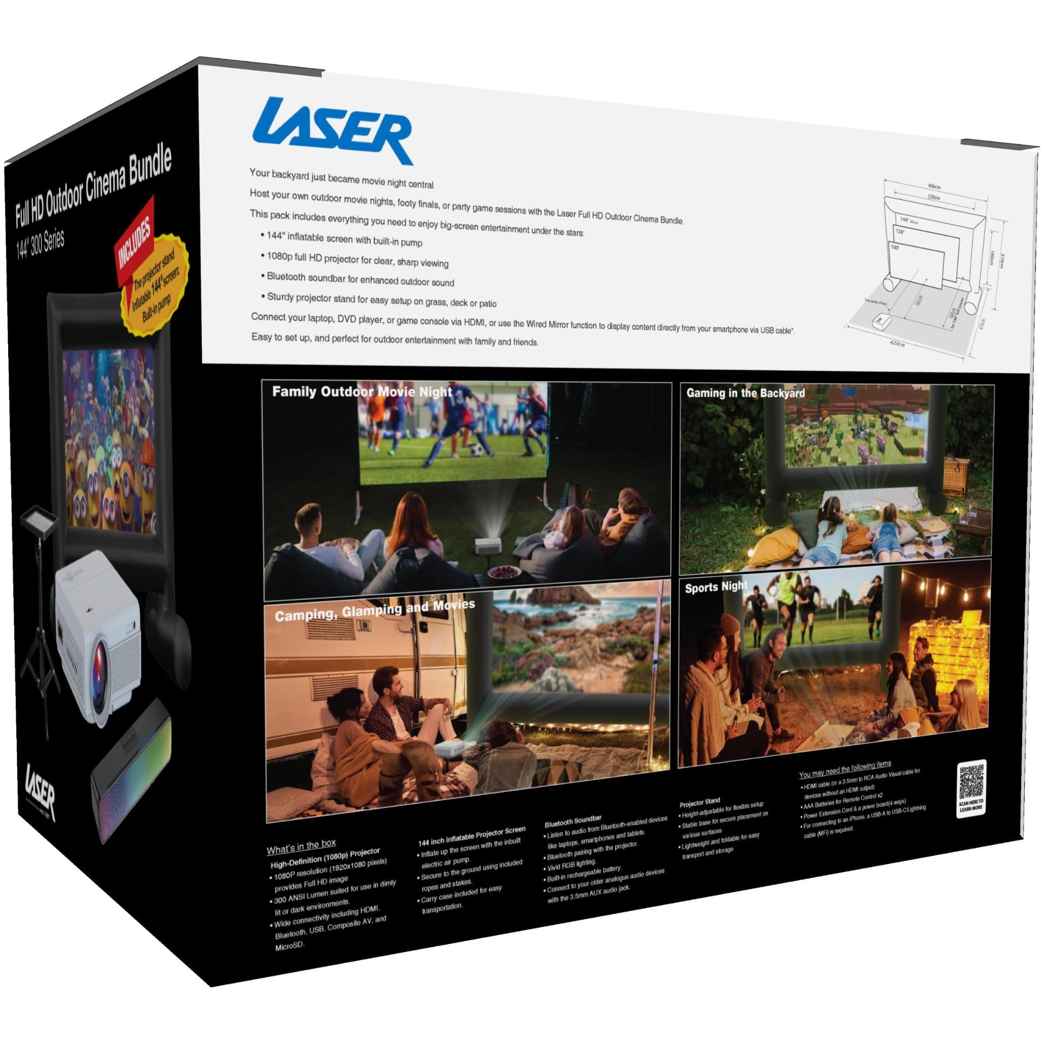 Outdoor cinema bundle product box side panel with illustrated family viewing scenes