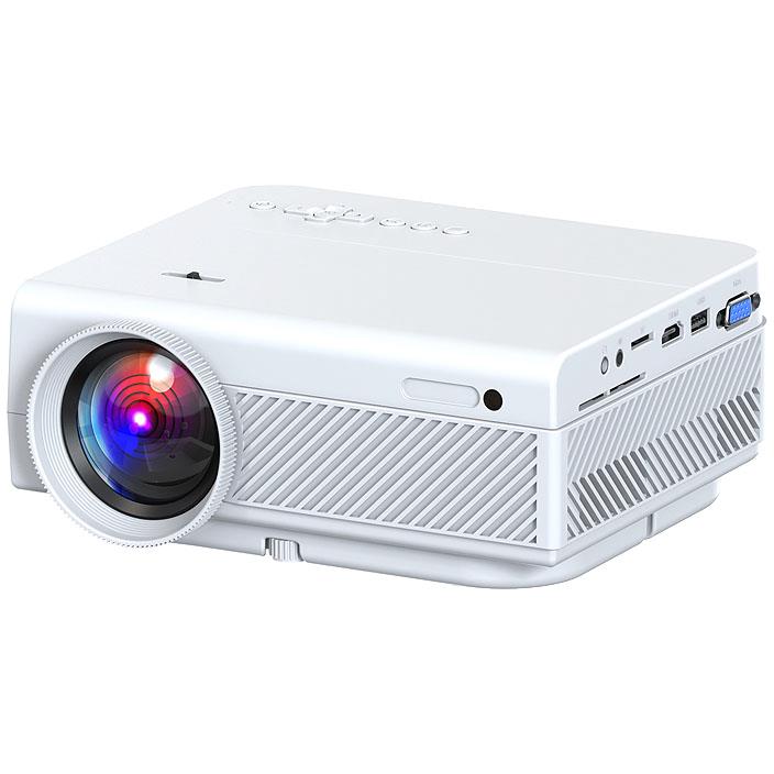 White laser cinema projector with front lens and vented side panels