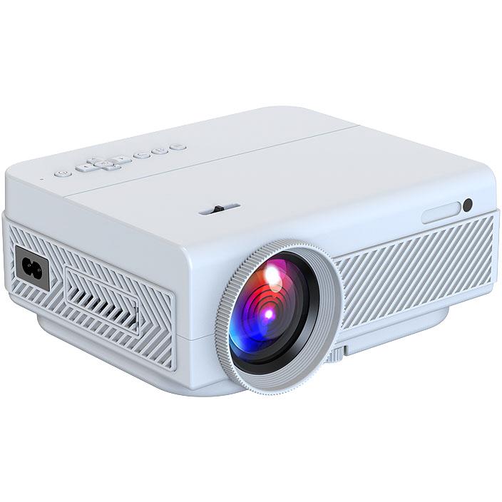 White laser projector with front lens and side port panel