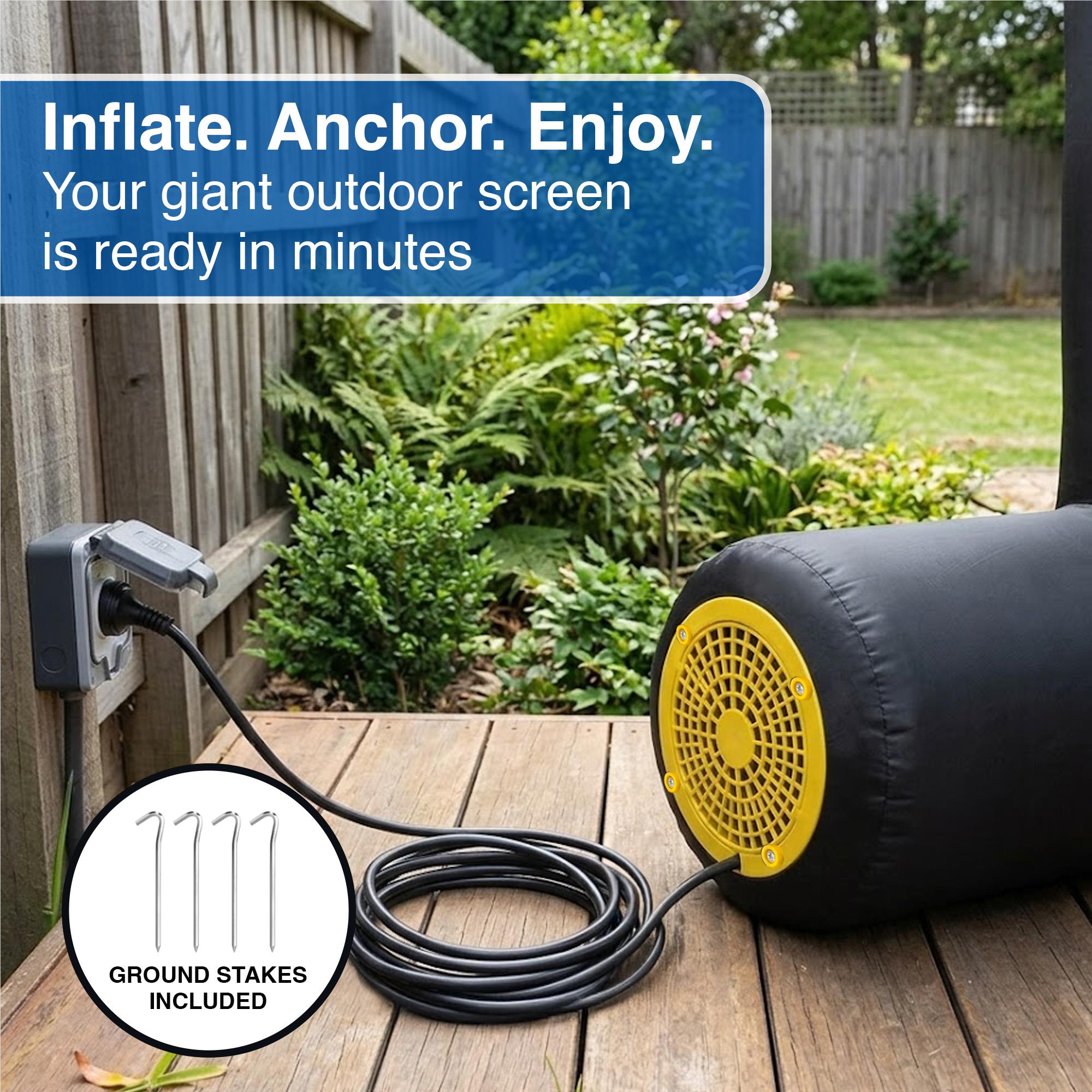 Inflatable outdoor speaker with yellow front grille, ground stakes, and power cable