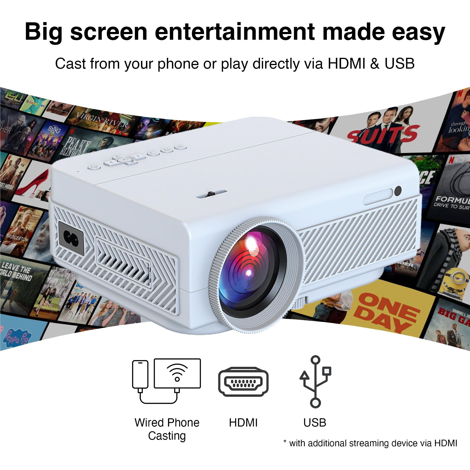 White laser projector with HDMI and USB connectivity for streaming devices