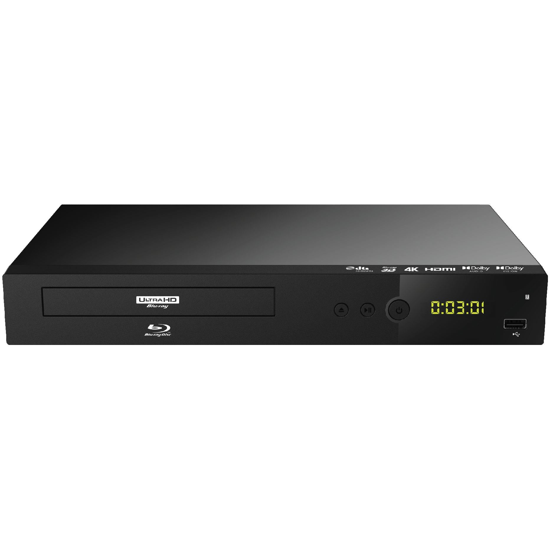 Black Blu-ray player front panel with disc tray, buttons, and digital display