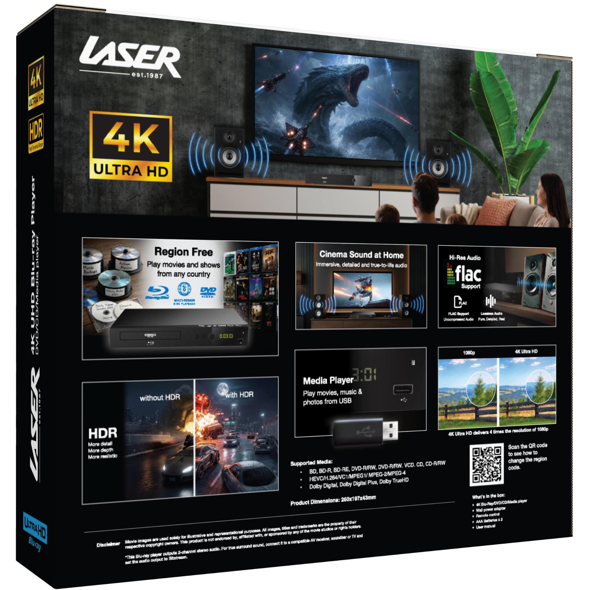 Retail box for a 4K UHD Blu-ray player with HDR and media player features