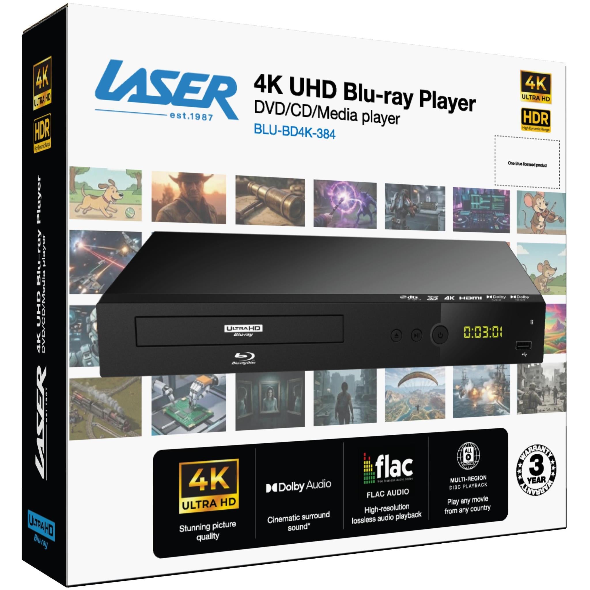 White retail box showing a 4K UHD Blu-ray player with HDR and audio icons