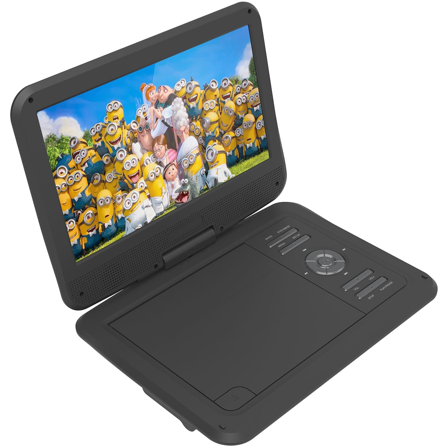 Portable DVD player with swiveling screen open, dark body, built-in controls and disc tray