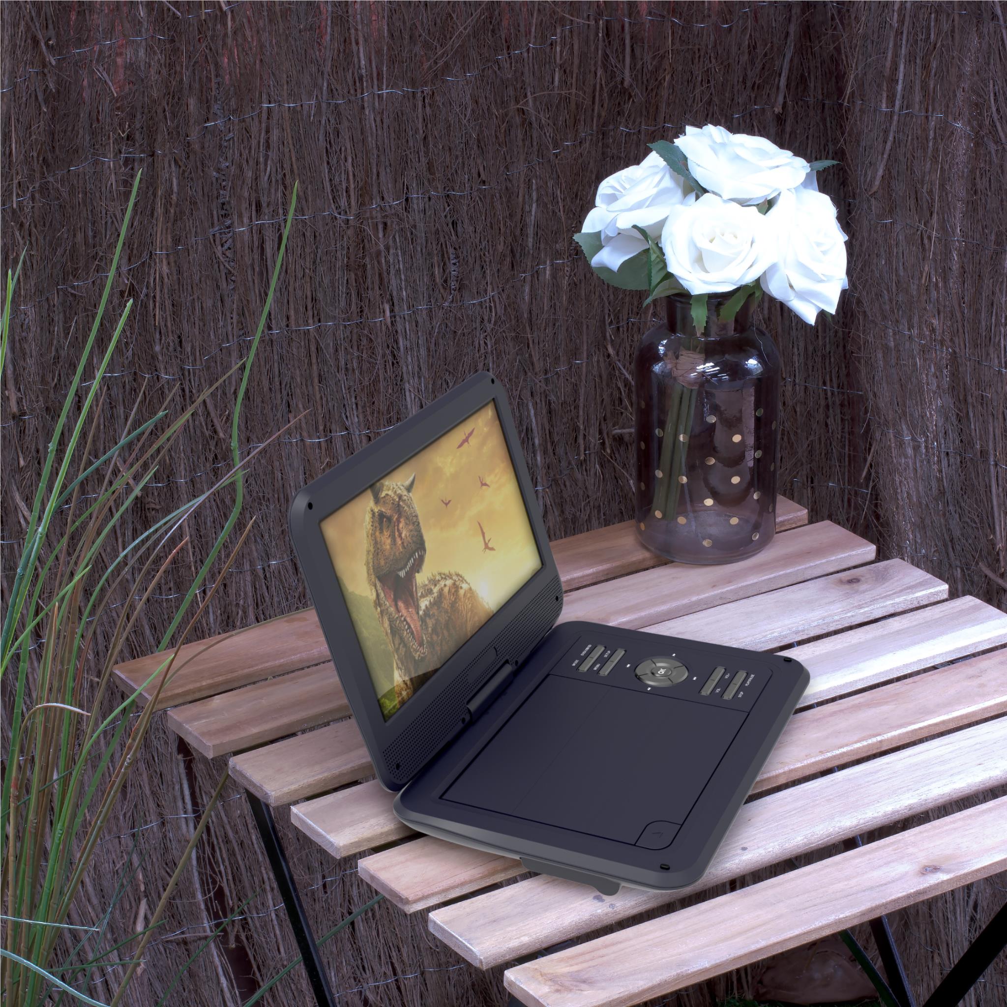 Portable DVD player on outdoor bench with screen open, dark swiveling display and controls