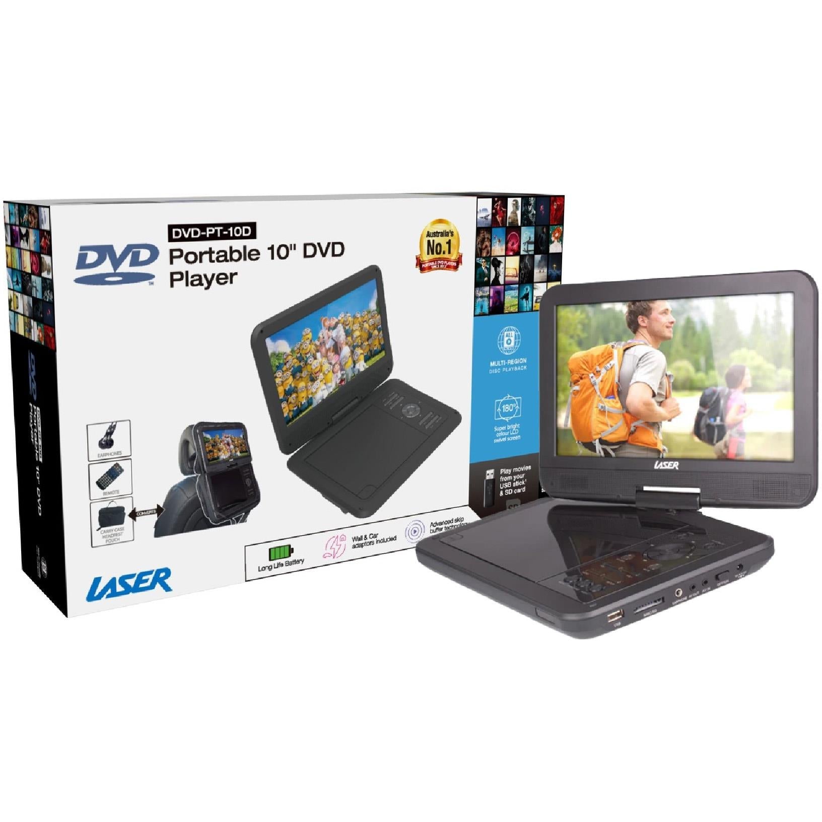Portable 10-inch DVD player with swivel screen, dark gray foldable design