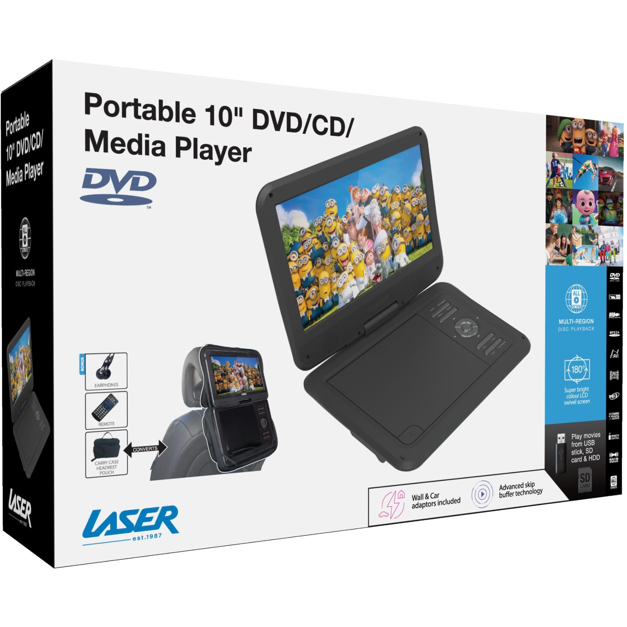 LASER portable 10-inch DVD/CD media player box with device and swivel screen