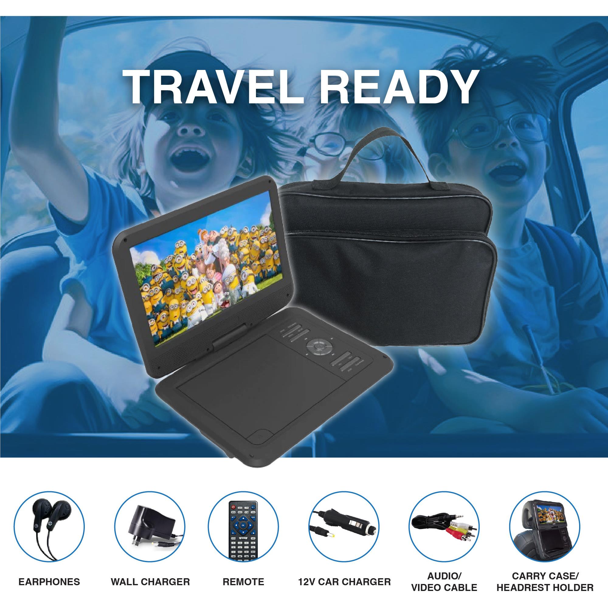 Portable DVD player with protective travel case and swivel screen open, dark body