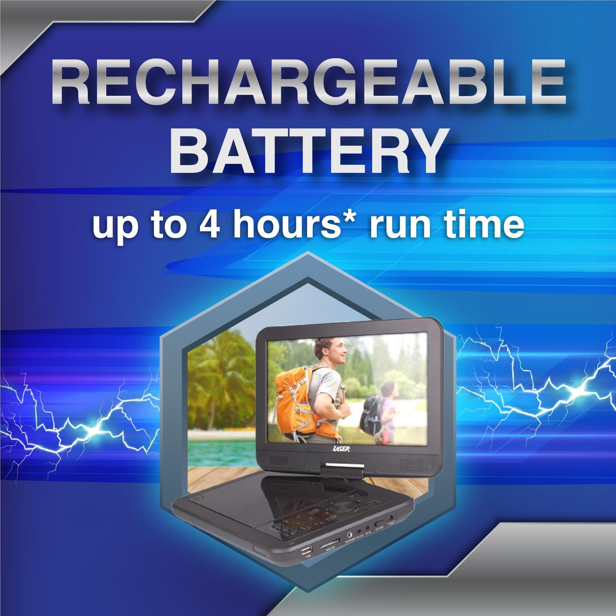 Rechargeable portable DVD player feature graphic showing up to 4 hours runtime