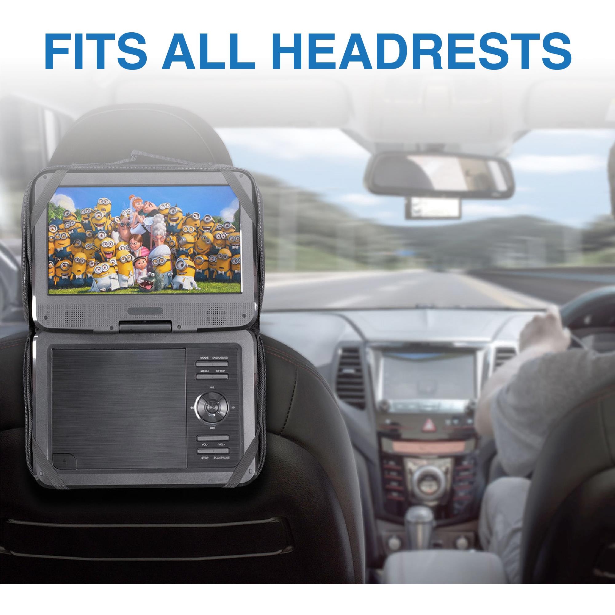 Portable DVD player mounted on car headrest with screen open, dark swivel display