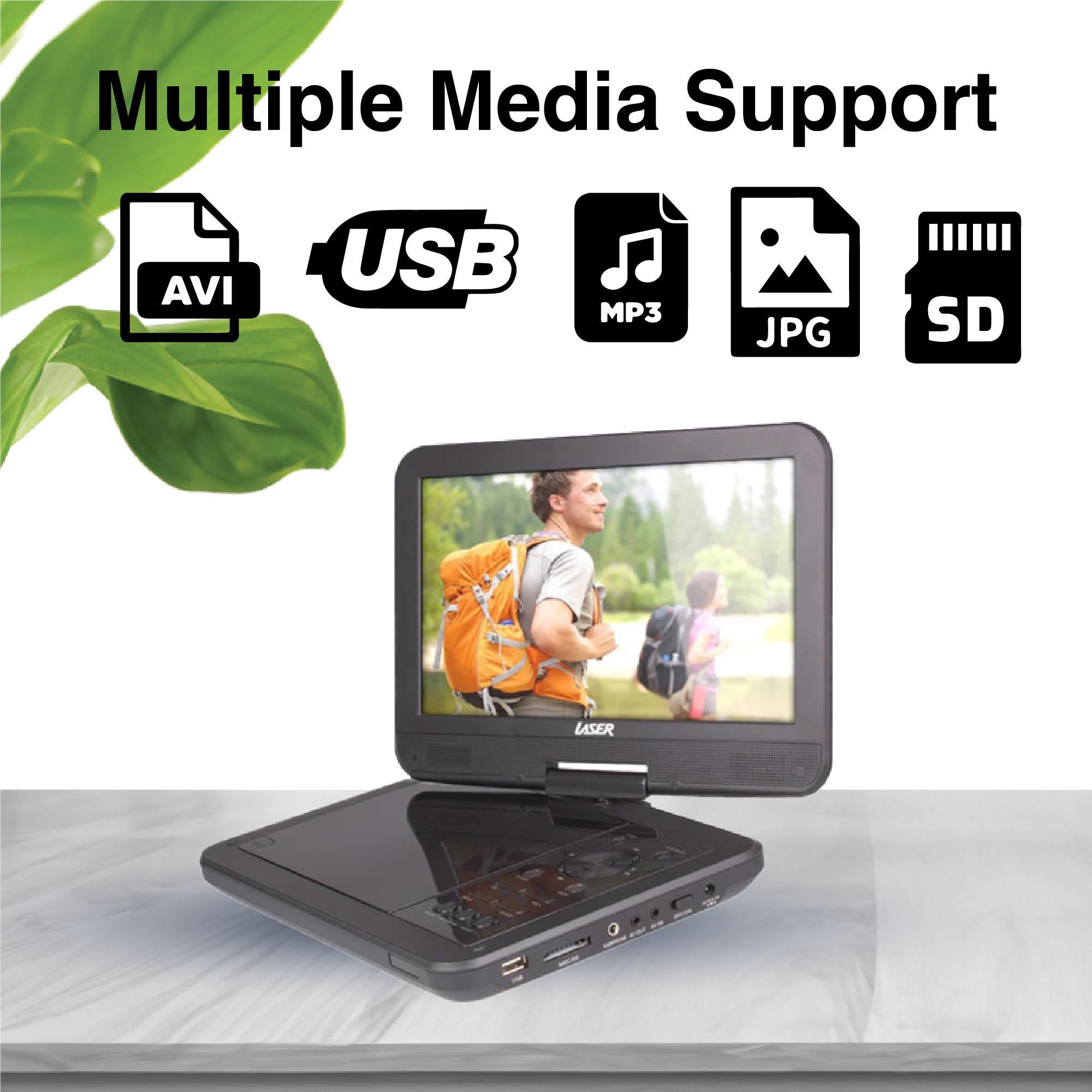 Portable DVD player with screen open and media support icons: USB, SD, AVI, MP3, JPG