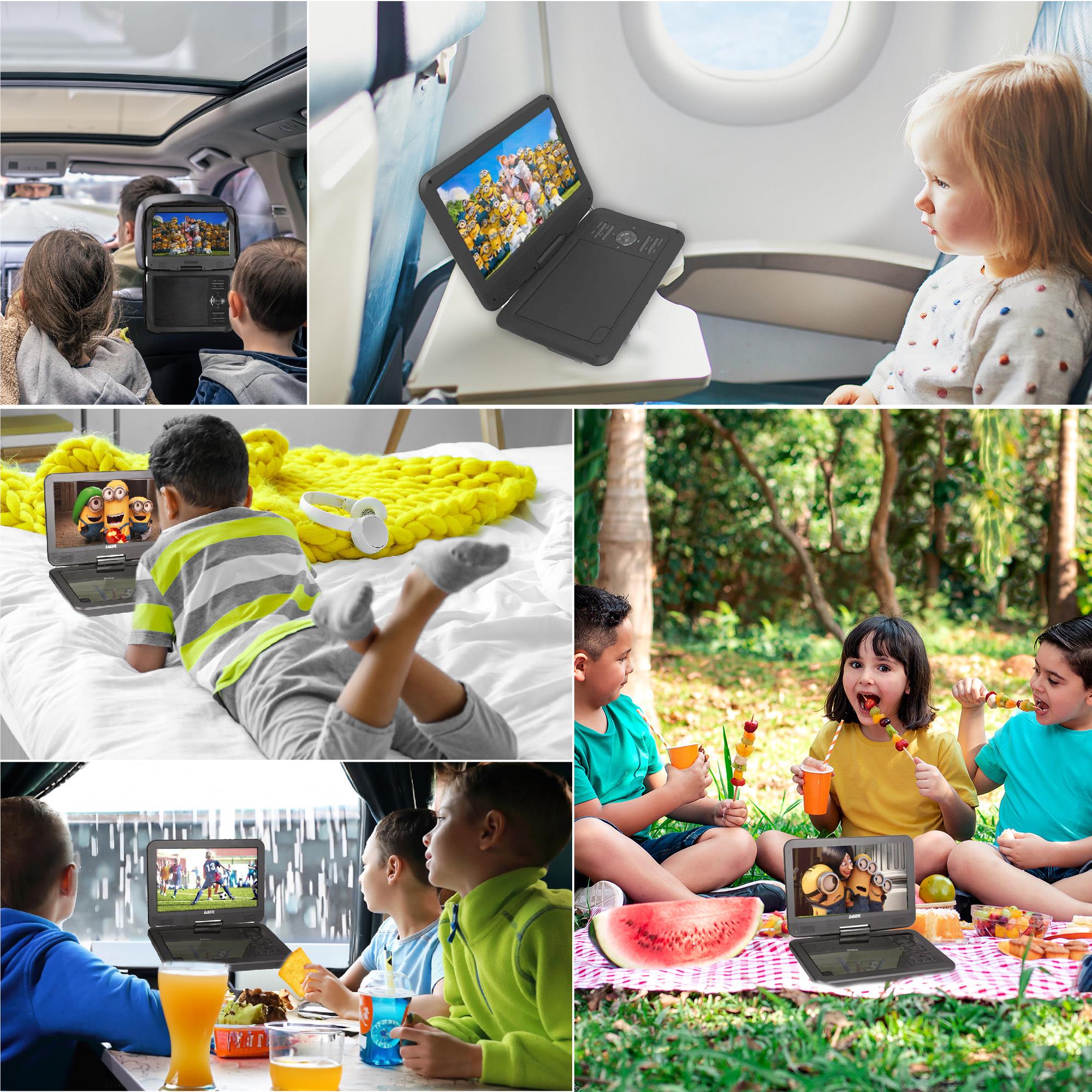 Portable DVD player used by kids during travel and at home, screen playing content