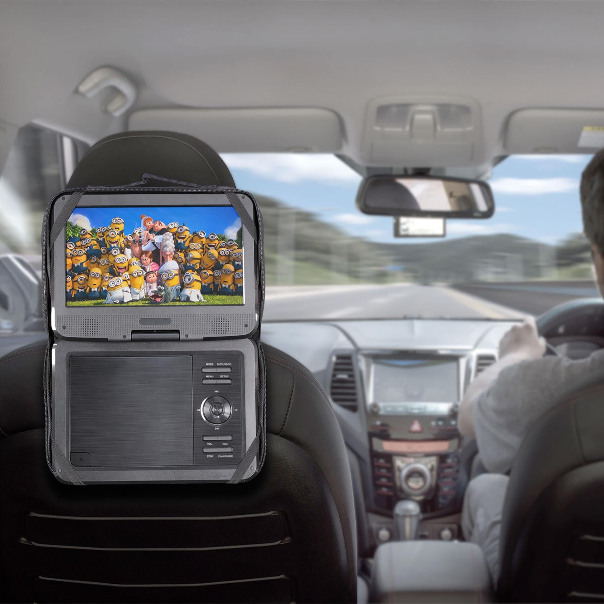 Portable DVD player in car with screen open on headrest, dark swivel display and controls