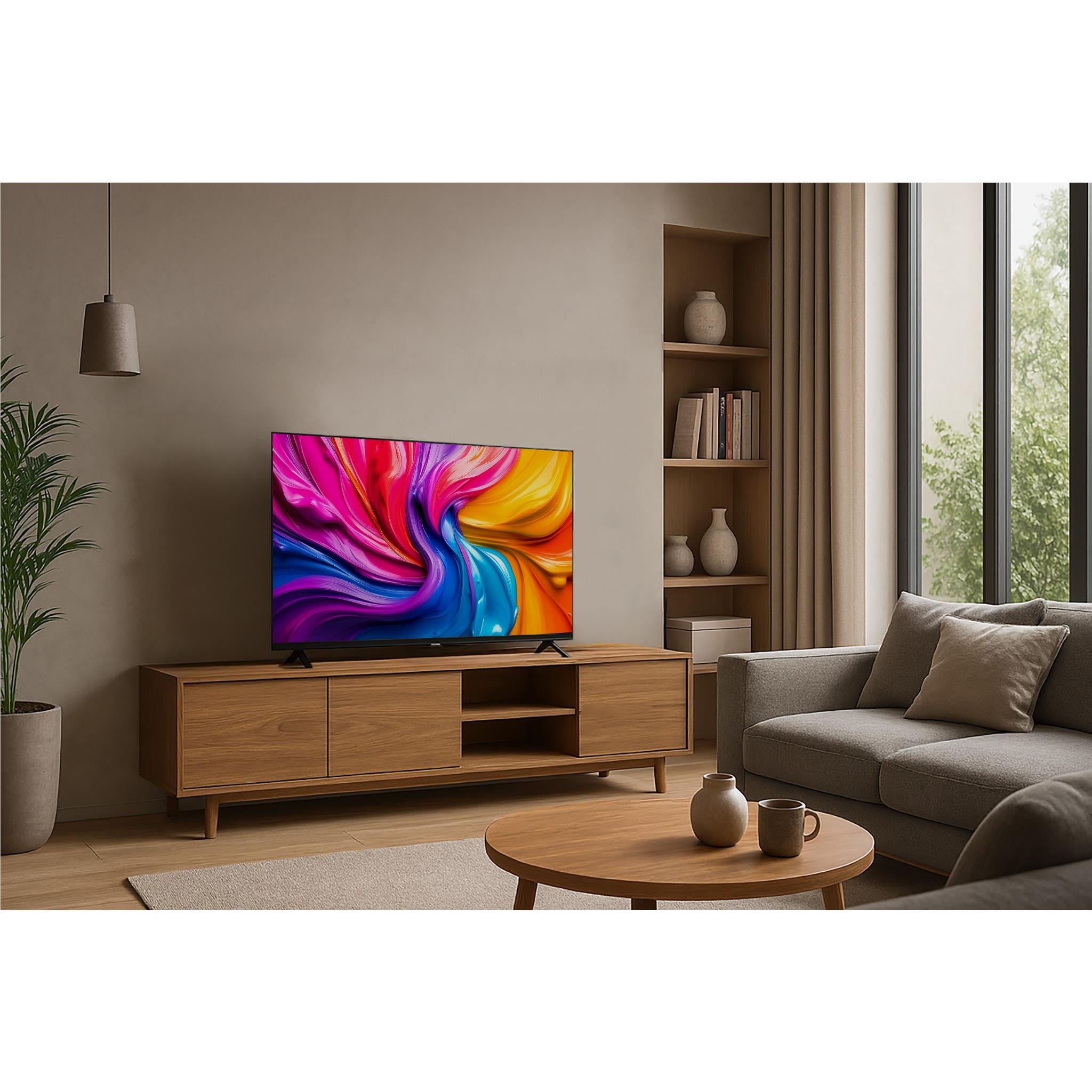32-inch smart LED TV on media console displaying a colorful abstract screen