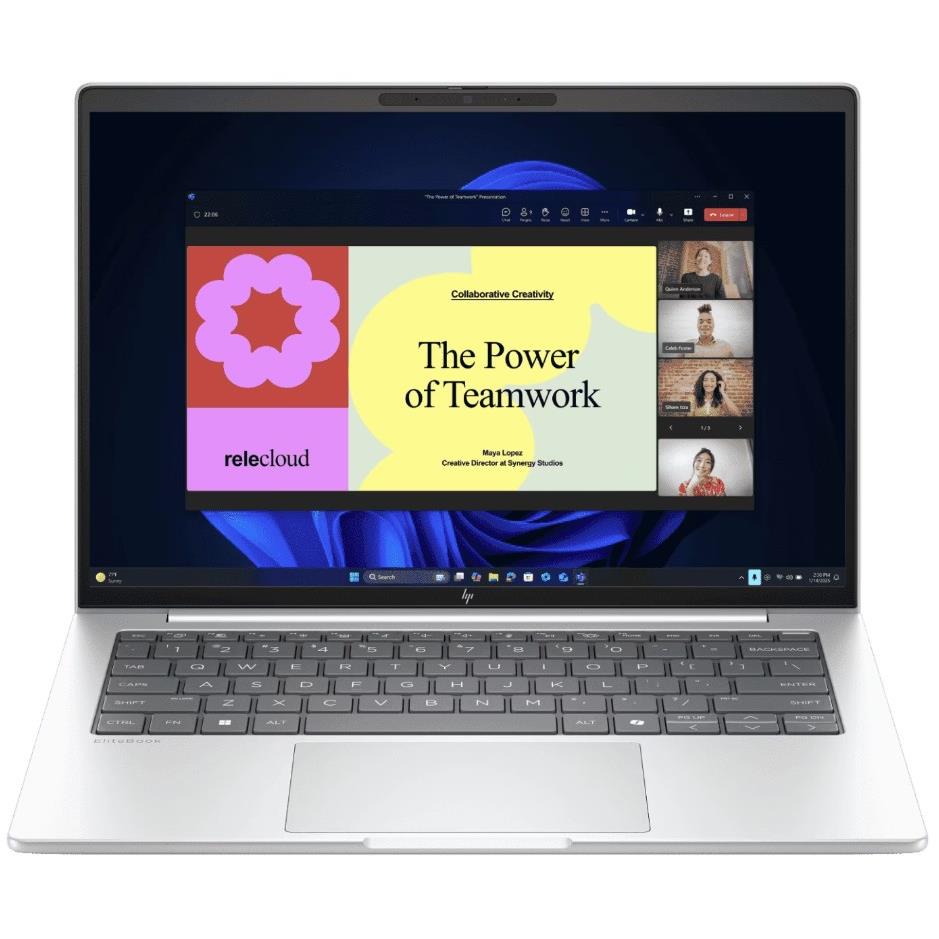 HP EliteBook 14-inch laptop with silver chassis and full keyboard on screen