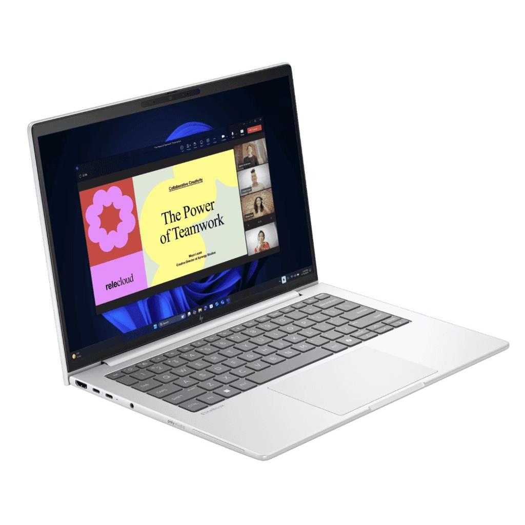 HP EliteBook laptop angled view, silver body and gray keyboard
