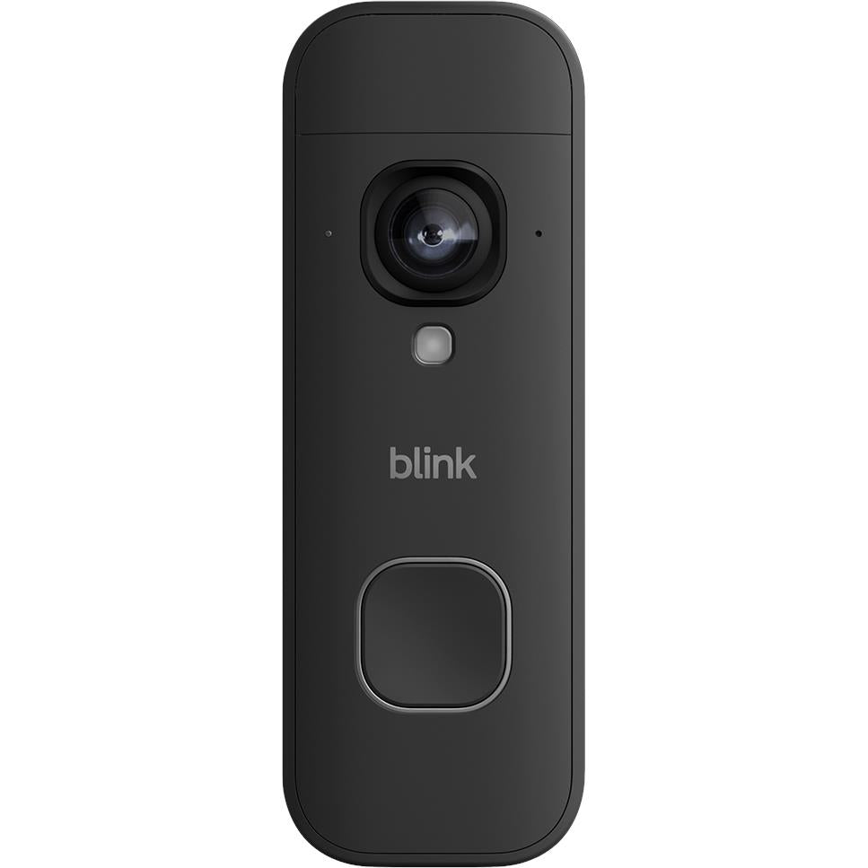 Black Blink video doorbell with circular camera lens and front motion button