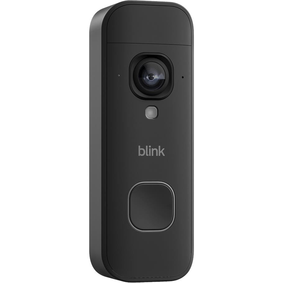 Black Blink video doorbell front view with camera lens, status light, and oval chime