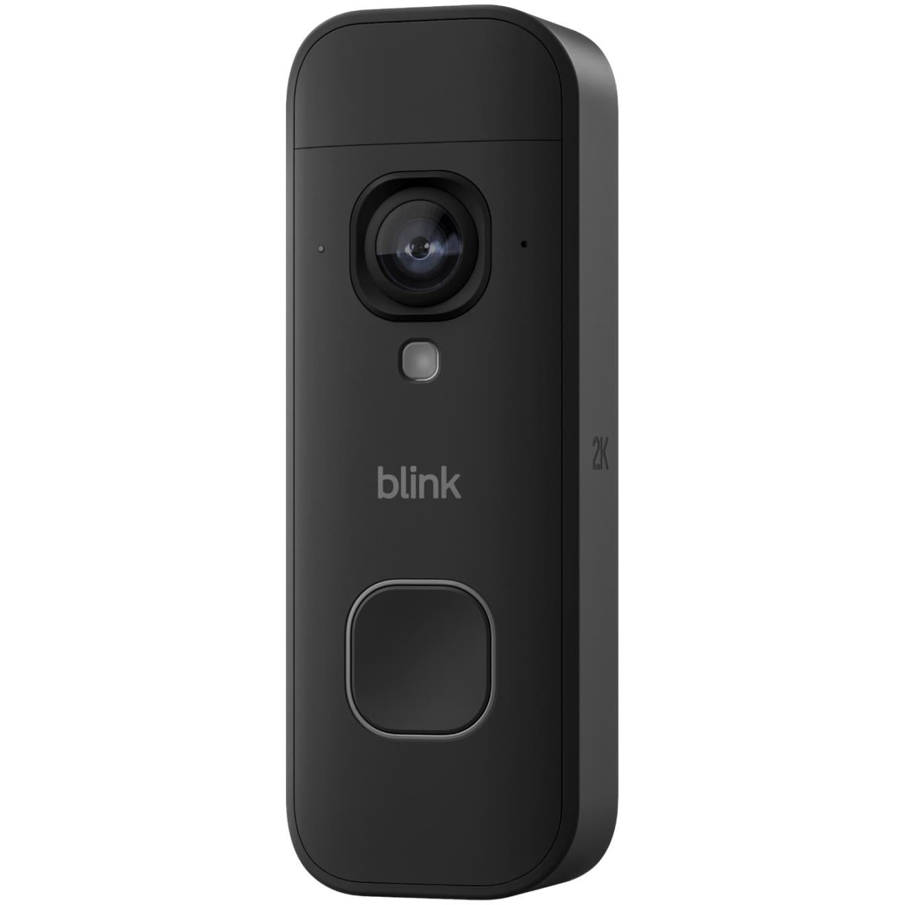 Black Blink video doorbell angled view showing camera, blink logo, and doorbell button
