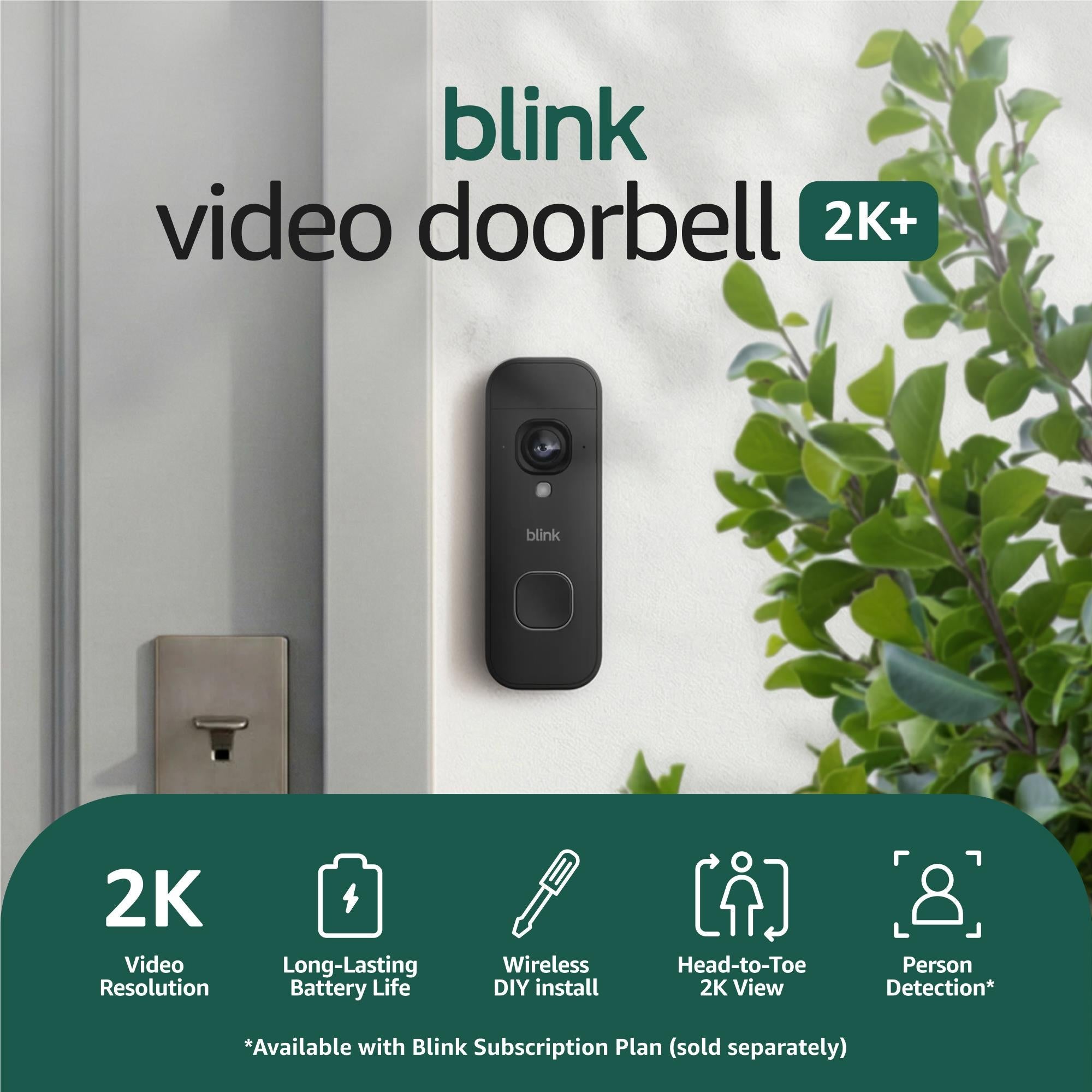 Black Blink video doorbell mounted on wall with camera lens and doorbell button