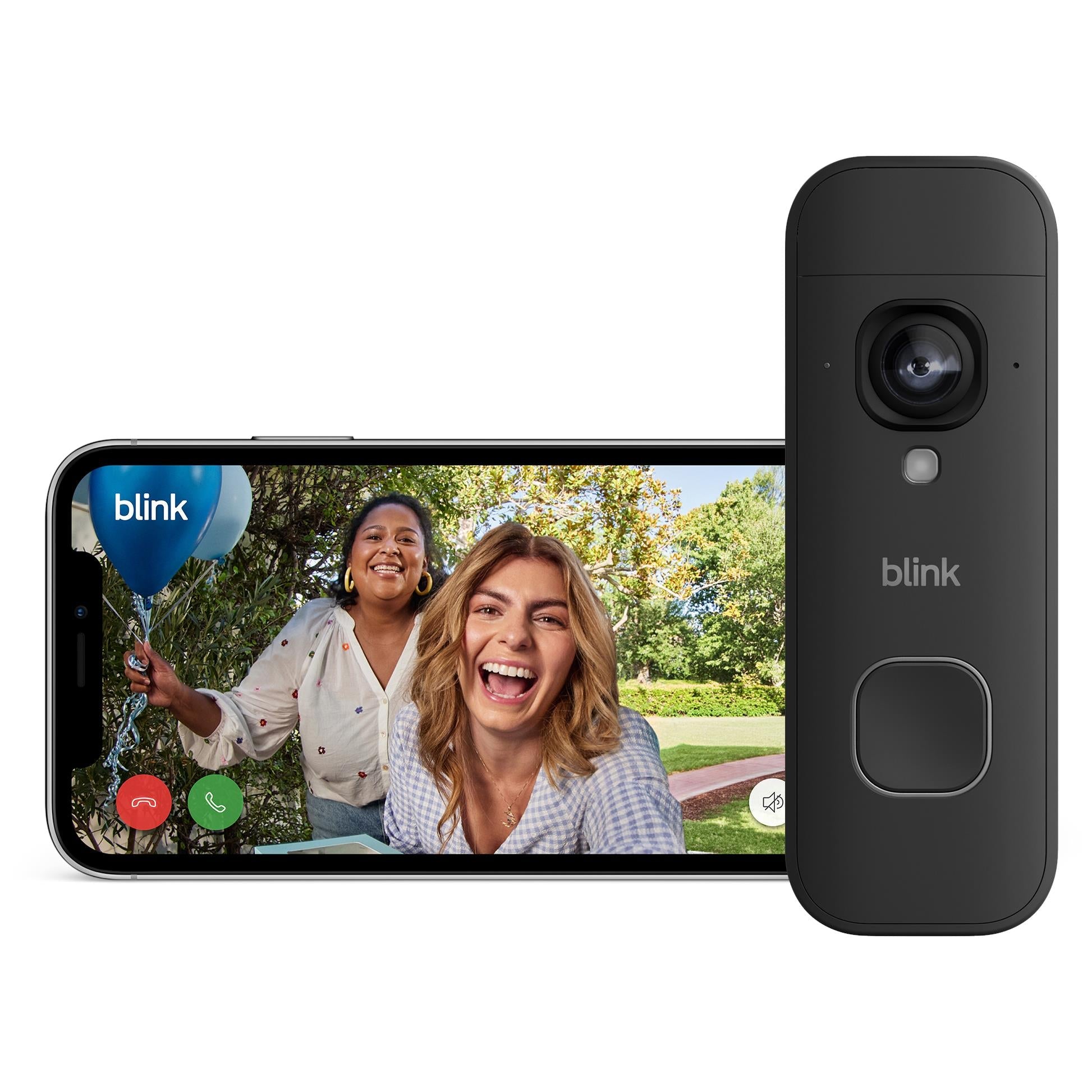 Black Blink video doorbell beside smartphone showing a live door view