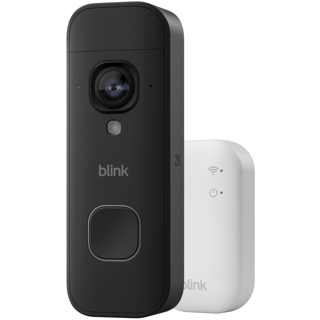 Black wire-free video doorbell with camera lens and doorbell button