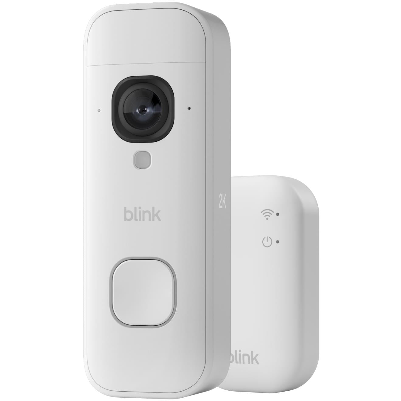 White wireless video doorbell with 2K+ camera and doorbell button, plus battery pack
