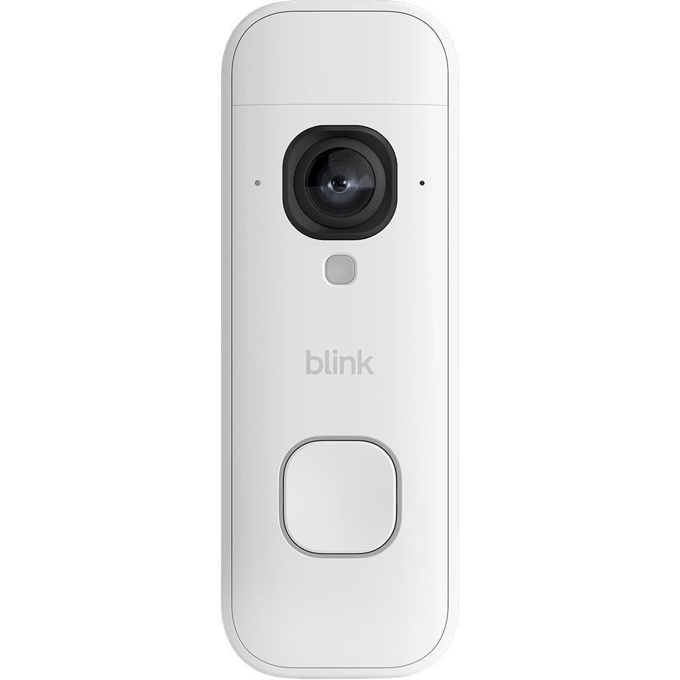 White 2K+ video doorbell with front camera lens and rectangular doorbell button