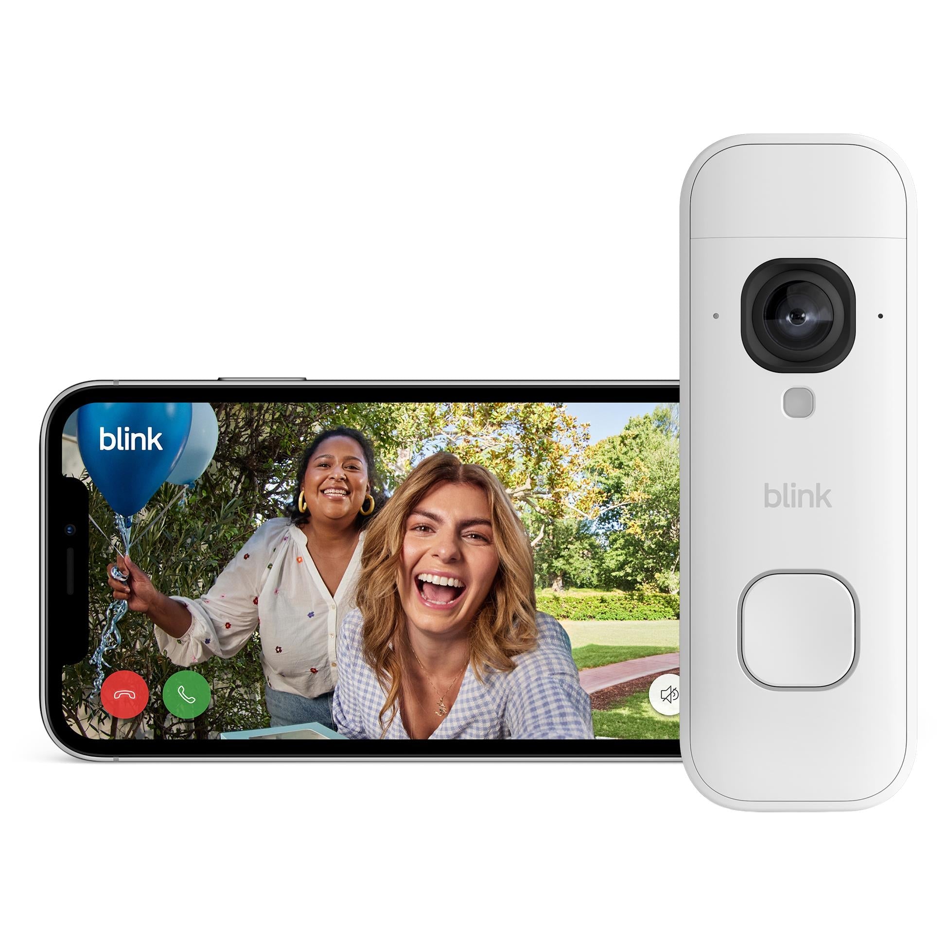 White video doorbell beside a smartphone display showing a live front-door video