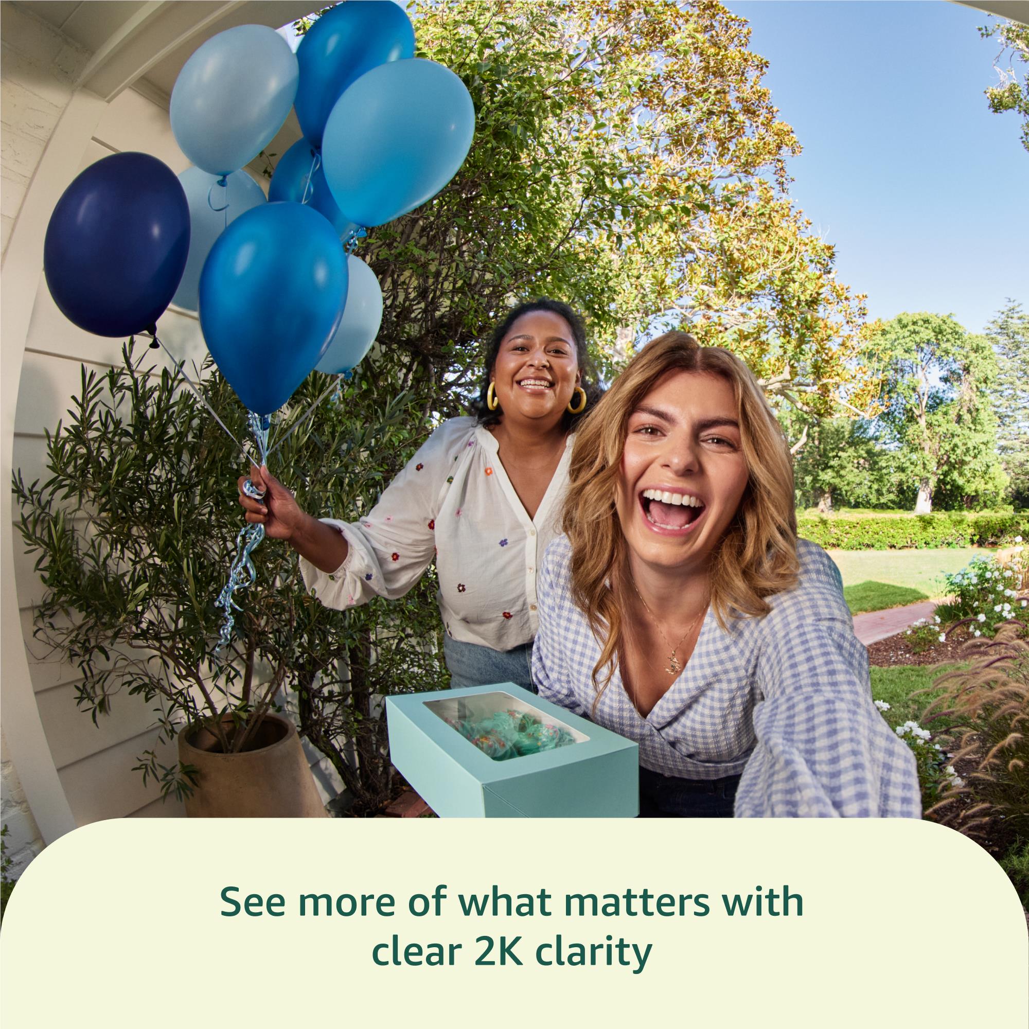 White doorbell camera perspective shown with a celebration scene for clear 2K video