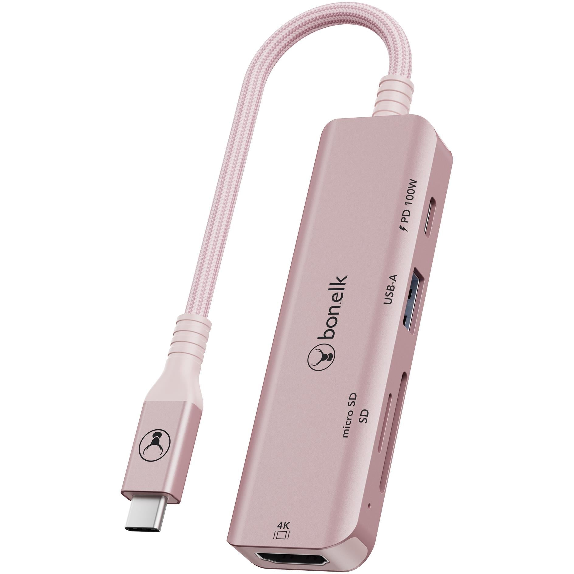 Blush pink USB-C 5-in-1 multi-port hub with braided cable and side ports