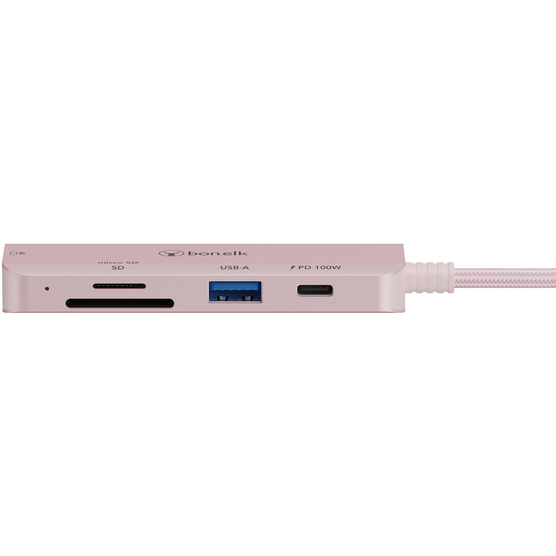 Blush pink USB-C 5-in-1 hub showing SD and USB-A ports along the edge