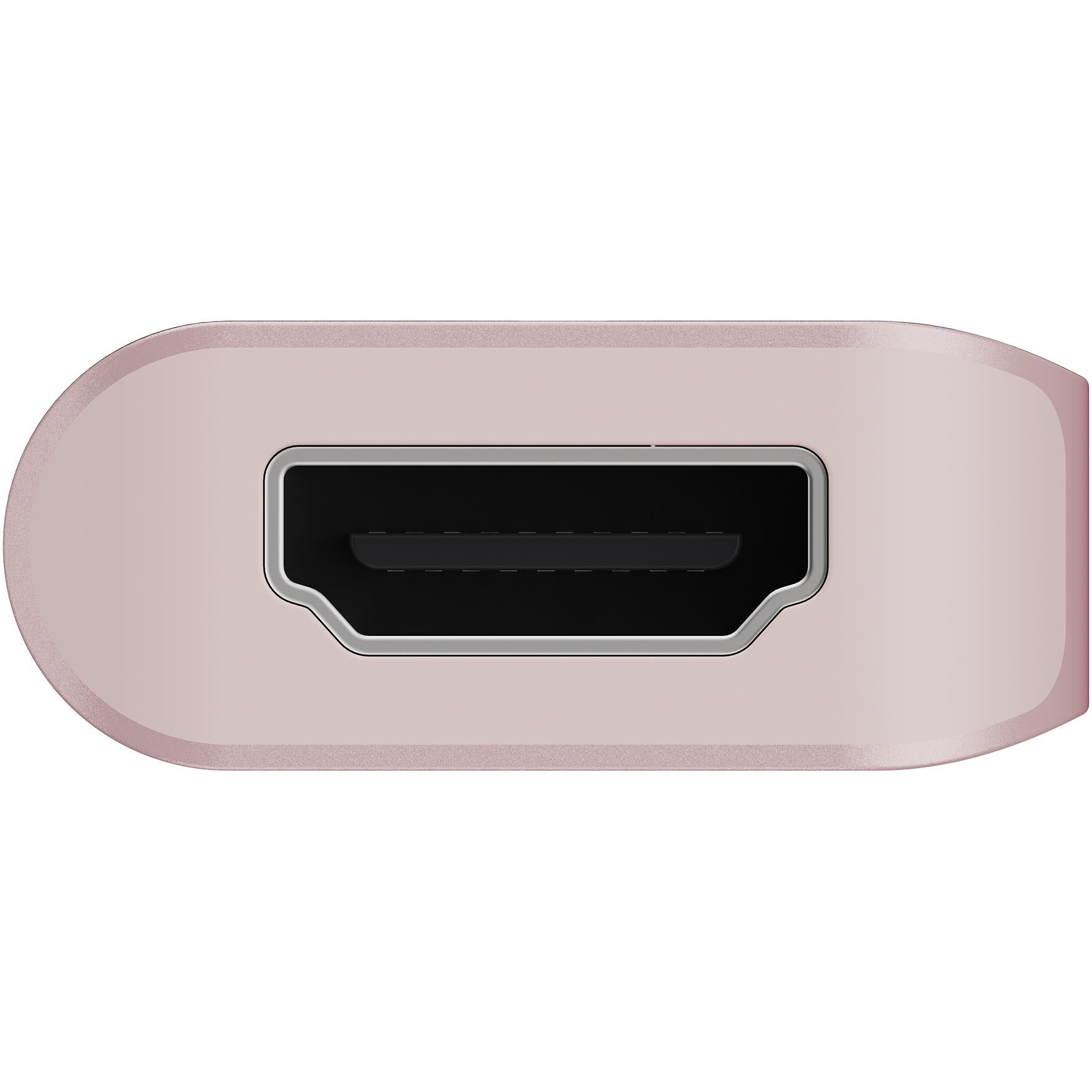 Blush pink USB-C hub front view with HDMI-style display output port