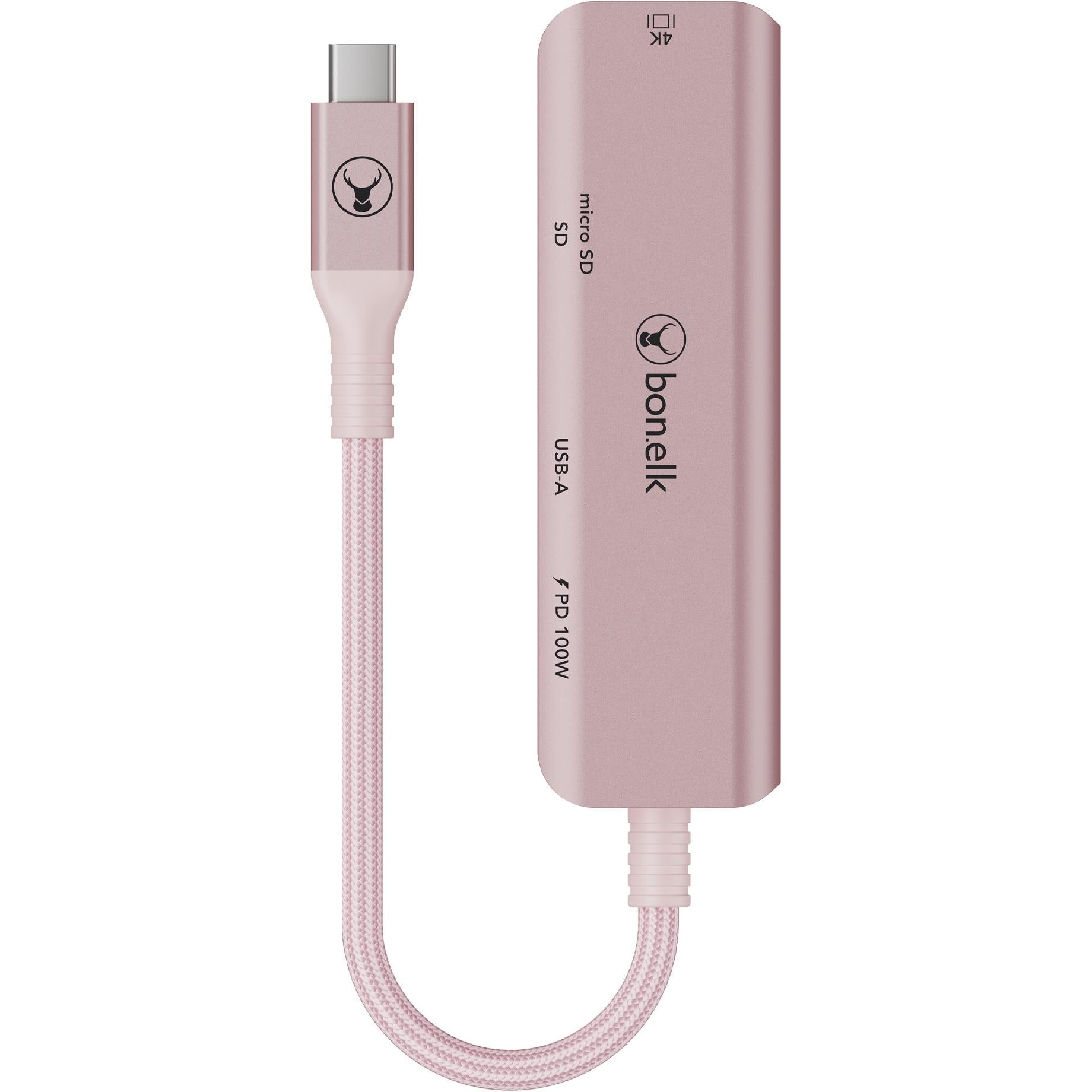 Blush pink USB-C 5-in-1 hub with USB-C plug, cable, and port labels