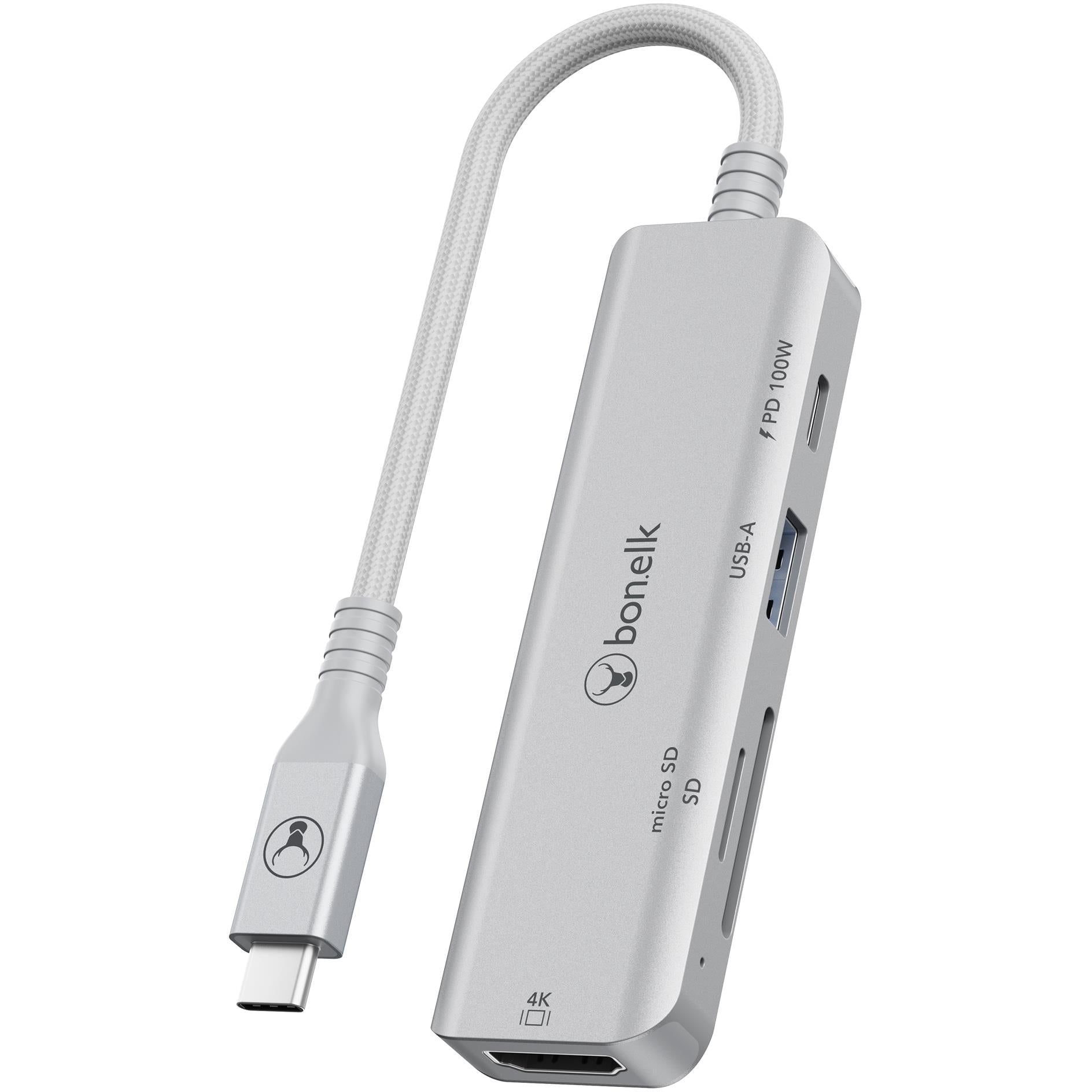 Silver grey USB-C hub with braided cable and side ports, including USB-A and SD