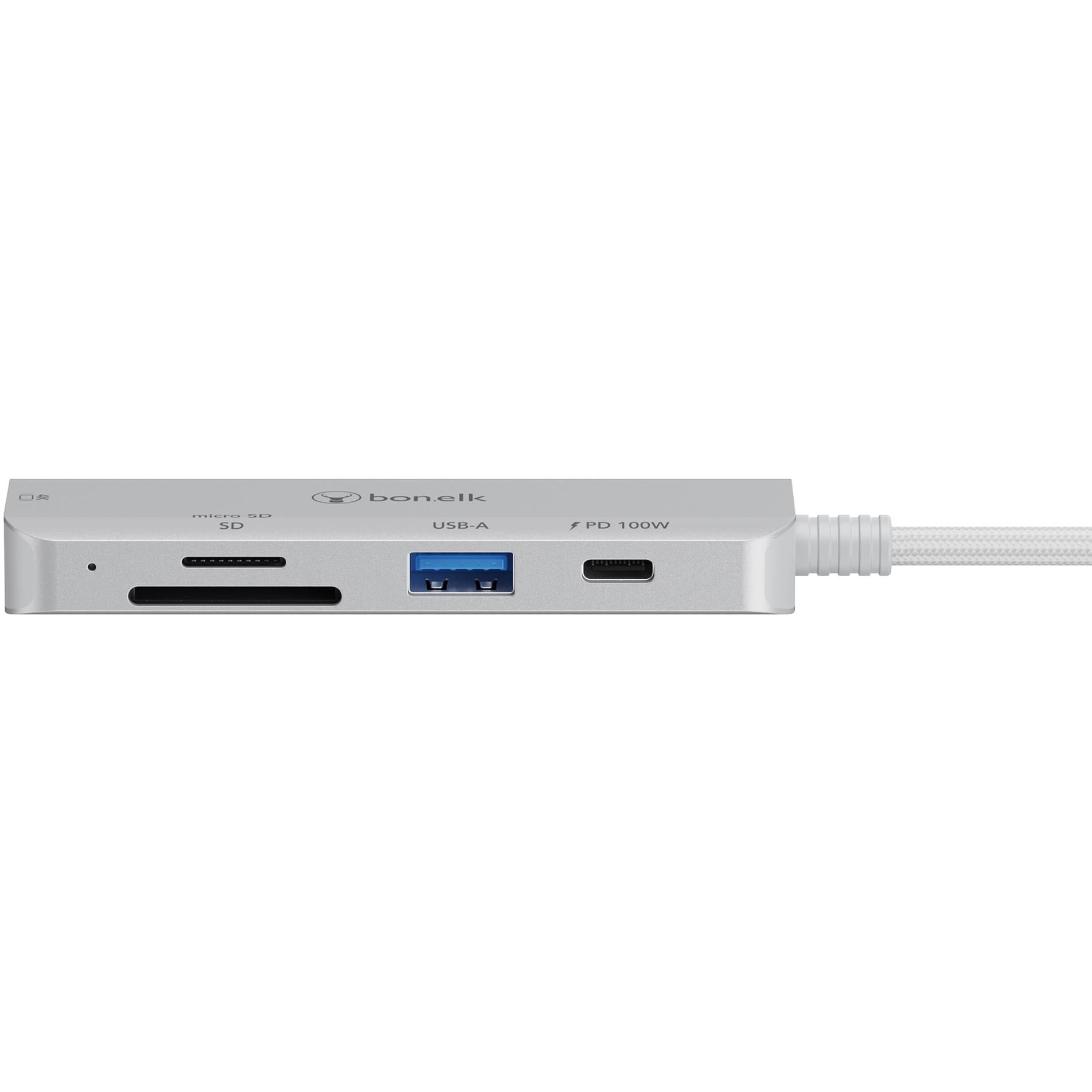 Silver grey USB-C hub side view showing SD slot, USB-A, and PD 100W